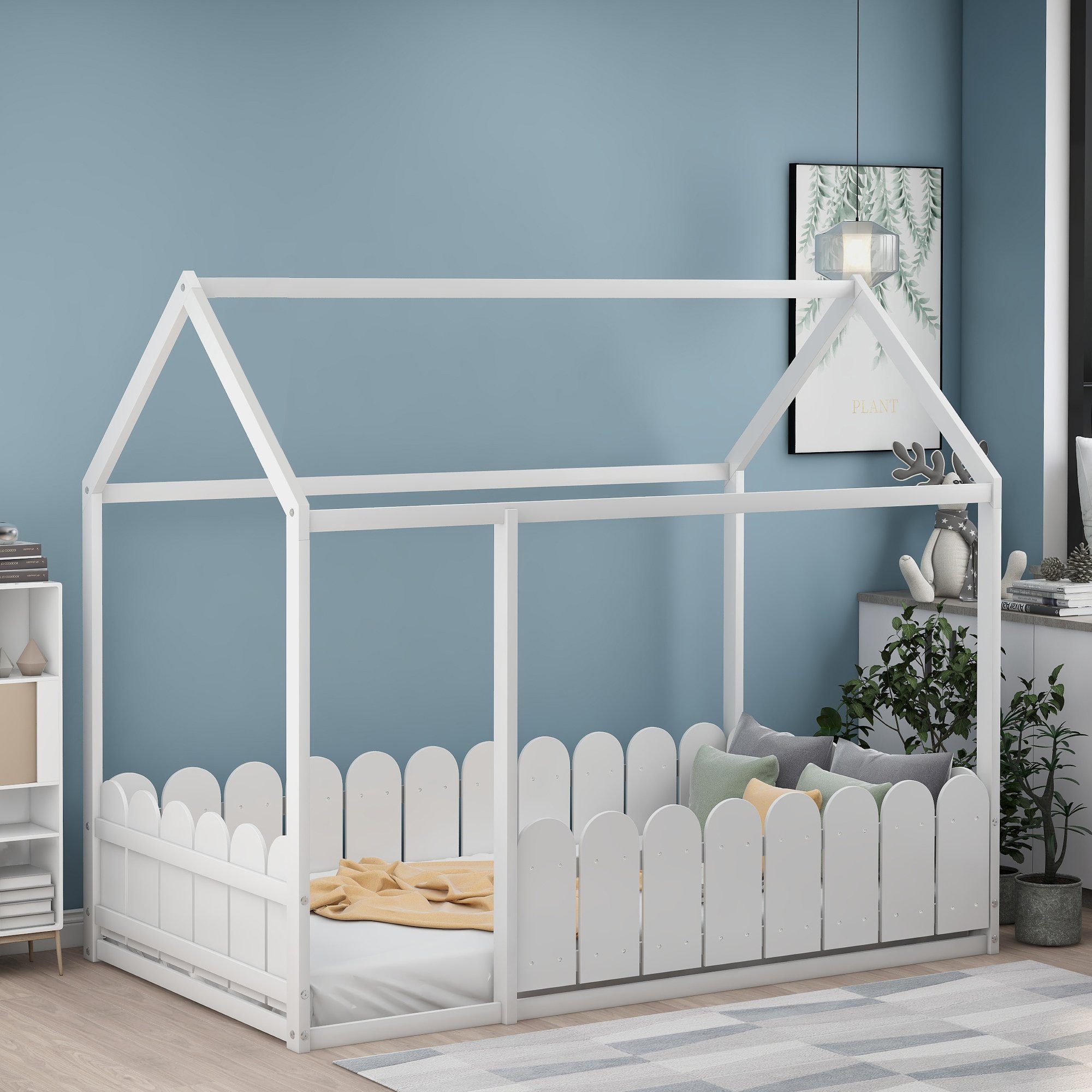 Rausfallschutz Kinderbett Kiefer Holzbett weiß SOFTWEARY Lattenrost, aus (80x160 Einzelbett Hausbett ohne cm), mit