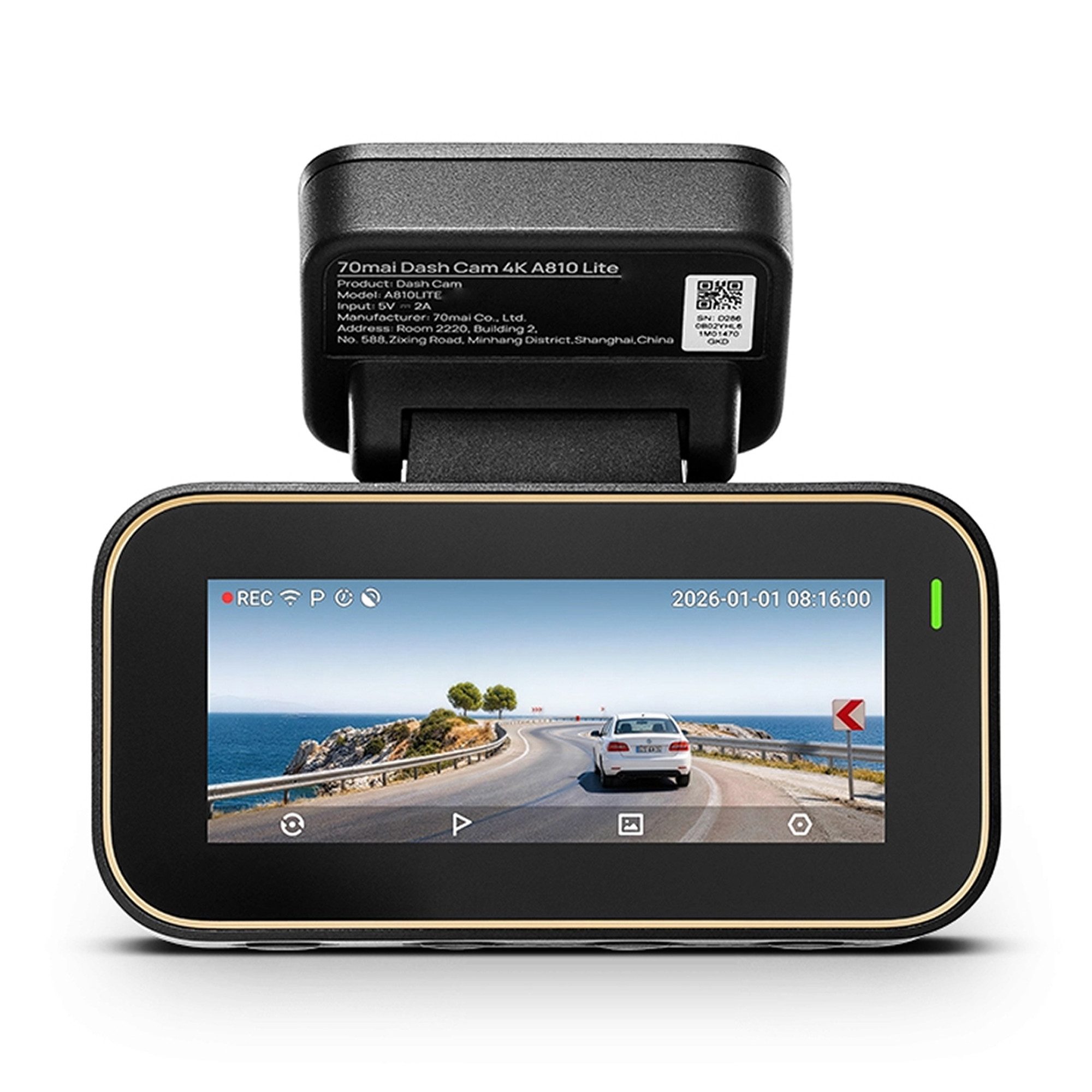 70mai 4K A810 Lite Dashcam (4K Ultra HD, WLAN (Wi-Fi), Auto Kamera mit f/1.55 Blende, HDR, GPS, Superkondensator, Nachtsicht, Loop-Aufnahme)