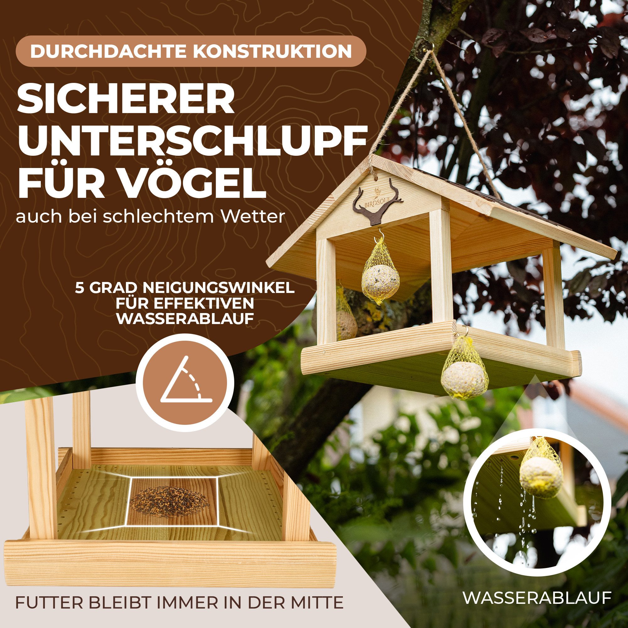 BIRDSOUL Vogelhaus Forest, Wasserableitendes Design und mit hochwertiger, handwerklicher Optik.