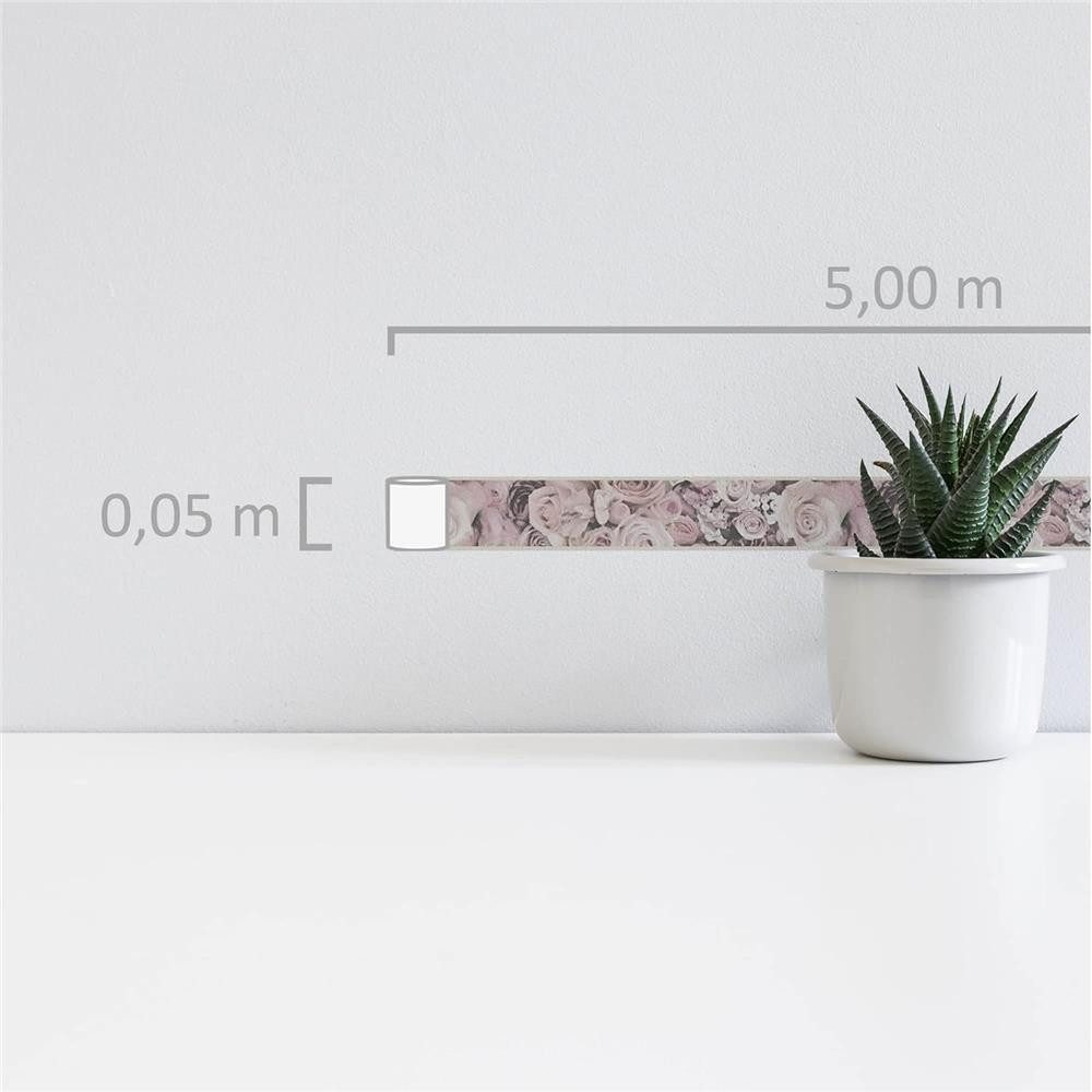 A.S. Création Bordüre Tapetenbordüre Selbstklebend Blumen Creme, Rosa & Grau 5,00 m x 0,05 m, floral