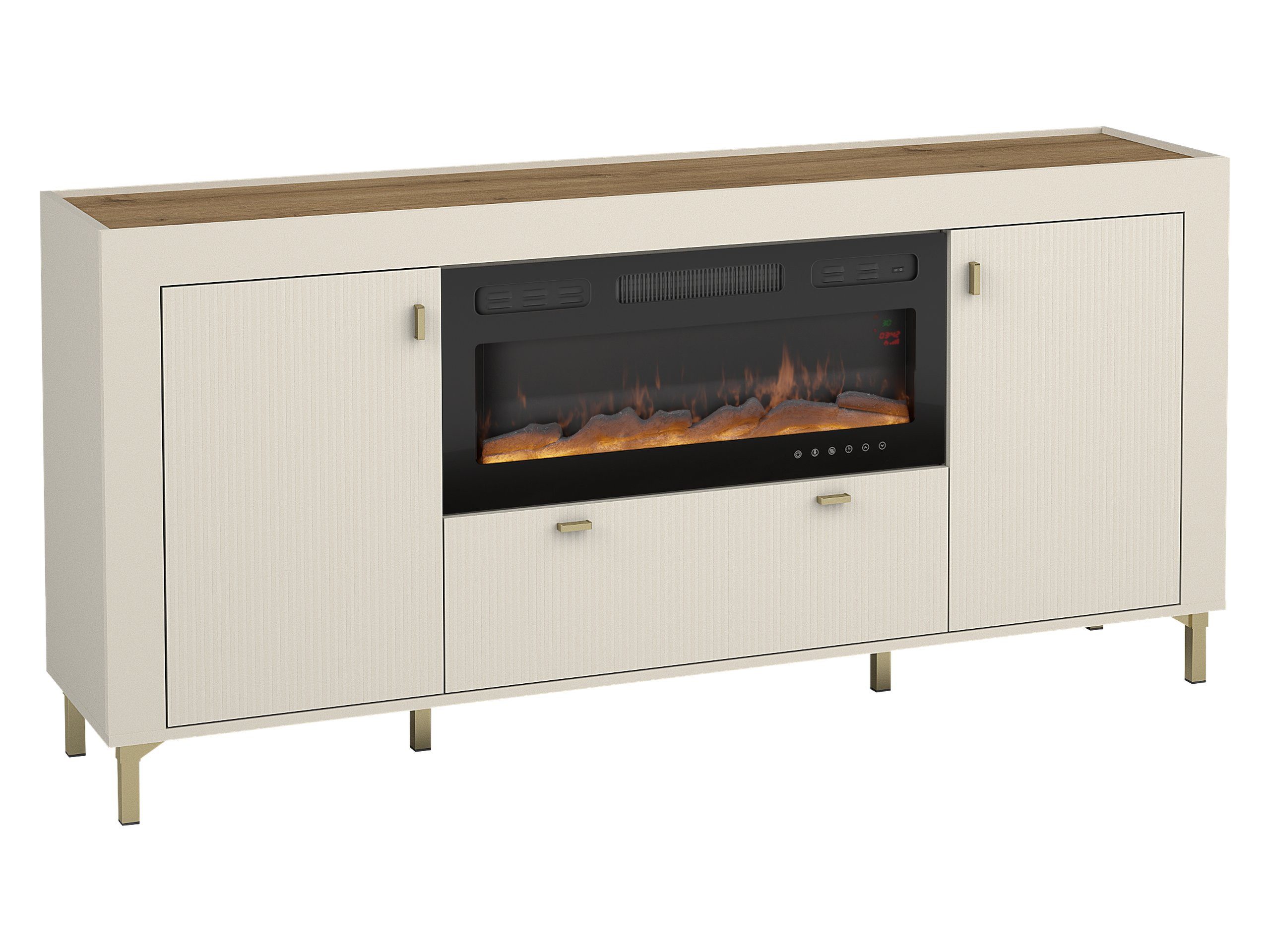 MIRJAN24 Kommode Mossa 2D1S MO07 mit Kamin (mit zwei Drehtüren und Schublade), Realistische LED-Flamme, 177x40x84 cm