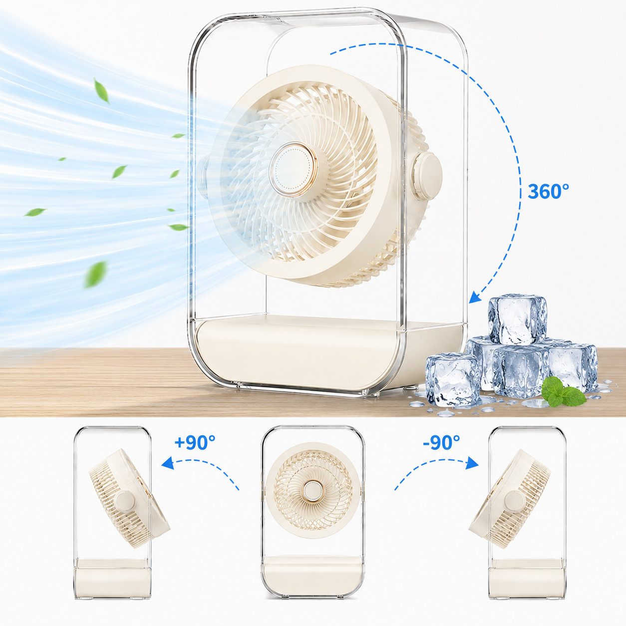 MOPUEA Standventilator Tragbarer Tischventilator,wiederaufladbarer mit 5 Windstärken, 360°-Drehung, LED-Lampe, Turbo-Luftstrom, für Büro, Zuhause, Reisen