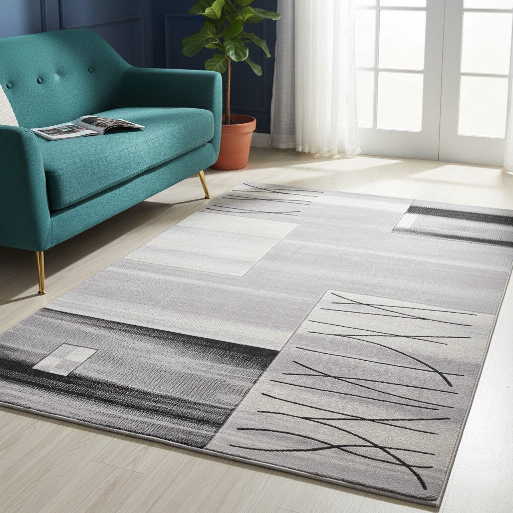 Vimoda Teppich Wohnzimmer Designer Teppich Grau Kachel Motiv, Rechteckig, Höhe: 12 mm, Teppich dicht mit Farbverlauf und Konturenschnitt