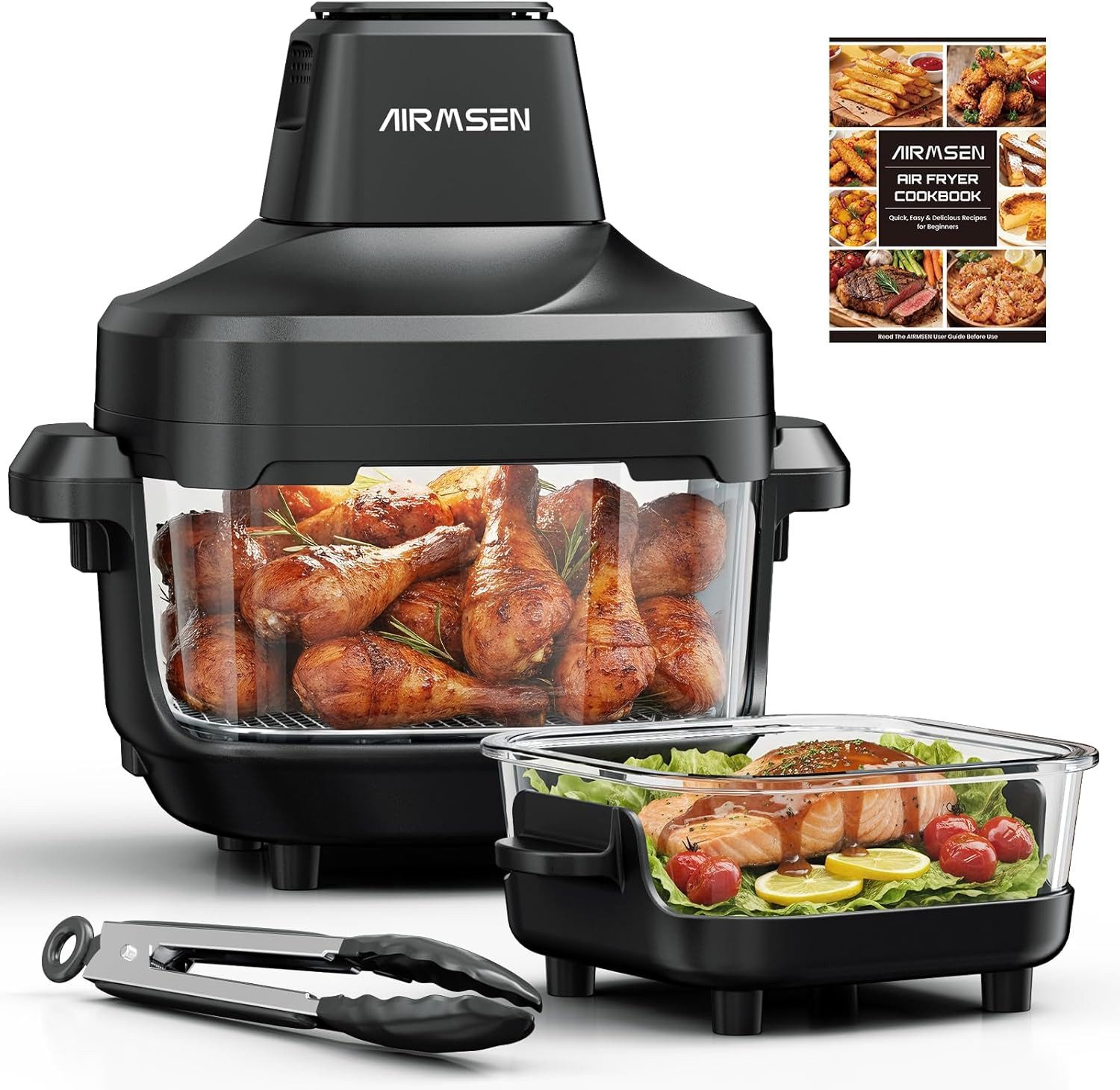 Airmsen Heißluftfritteuse 1500W Heißluftfritteuse mit 360° Sichtfenster & 4 Programme, 1500 W, Ohne Öl,Dual-Kapazitätsdesign mit 4,5L + 1,2L,Abnehmbares Design