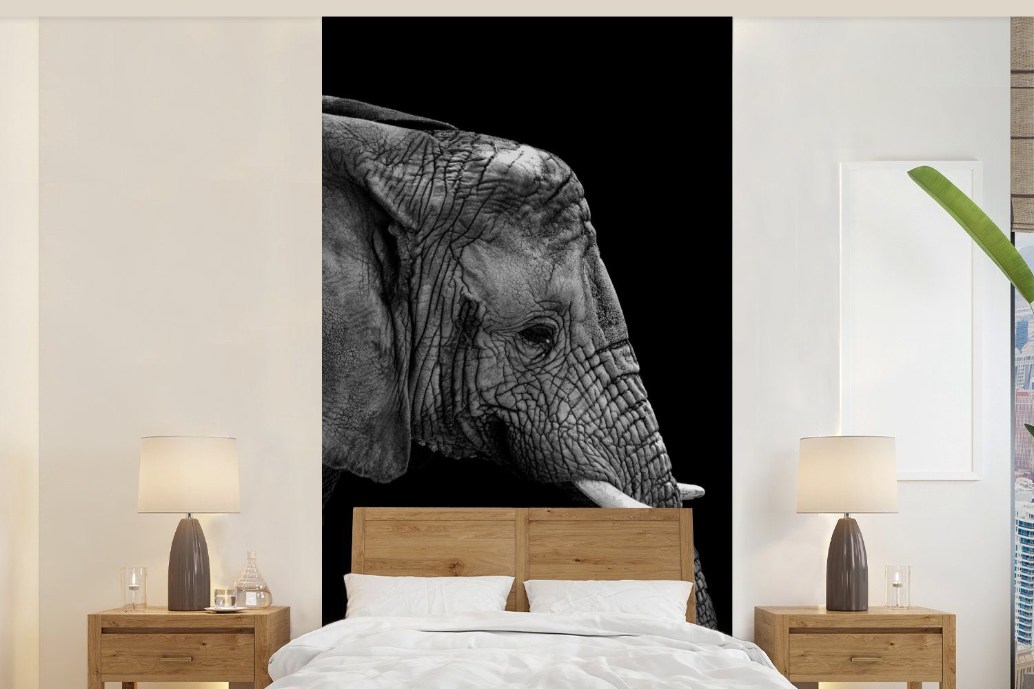 MuchoWow Fototapete Elefant - Schwarz und weiß - Porträt - Tiere, Matt, bedruckt, (2 St), Vliestapete für Wohnzimmer Schlafzimmer Küche, Fototapete
