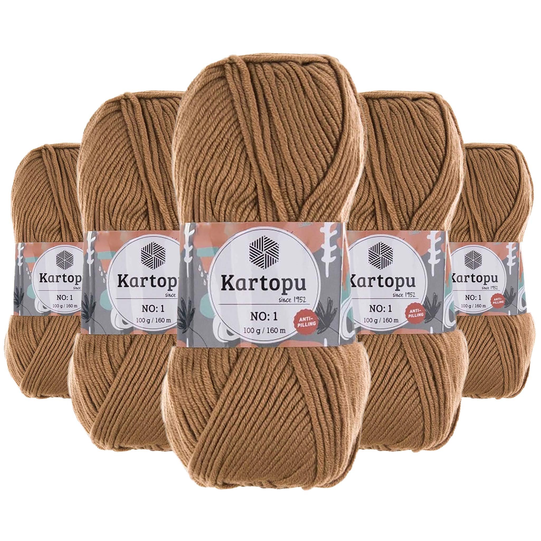 maDDma 5 x 100g Strickwolle Kartopu NO:1 Polyacryl-Wolle Anti Pilling Effekt Häkelwolle, 800 m (Sparpaket), K847 kamel