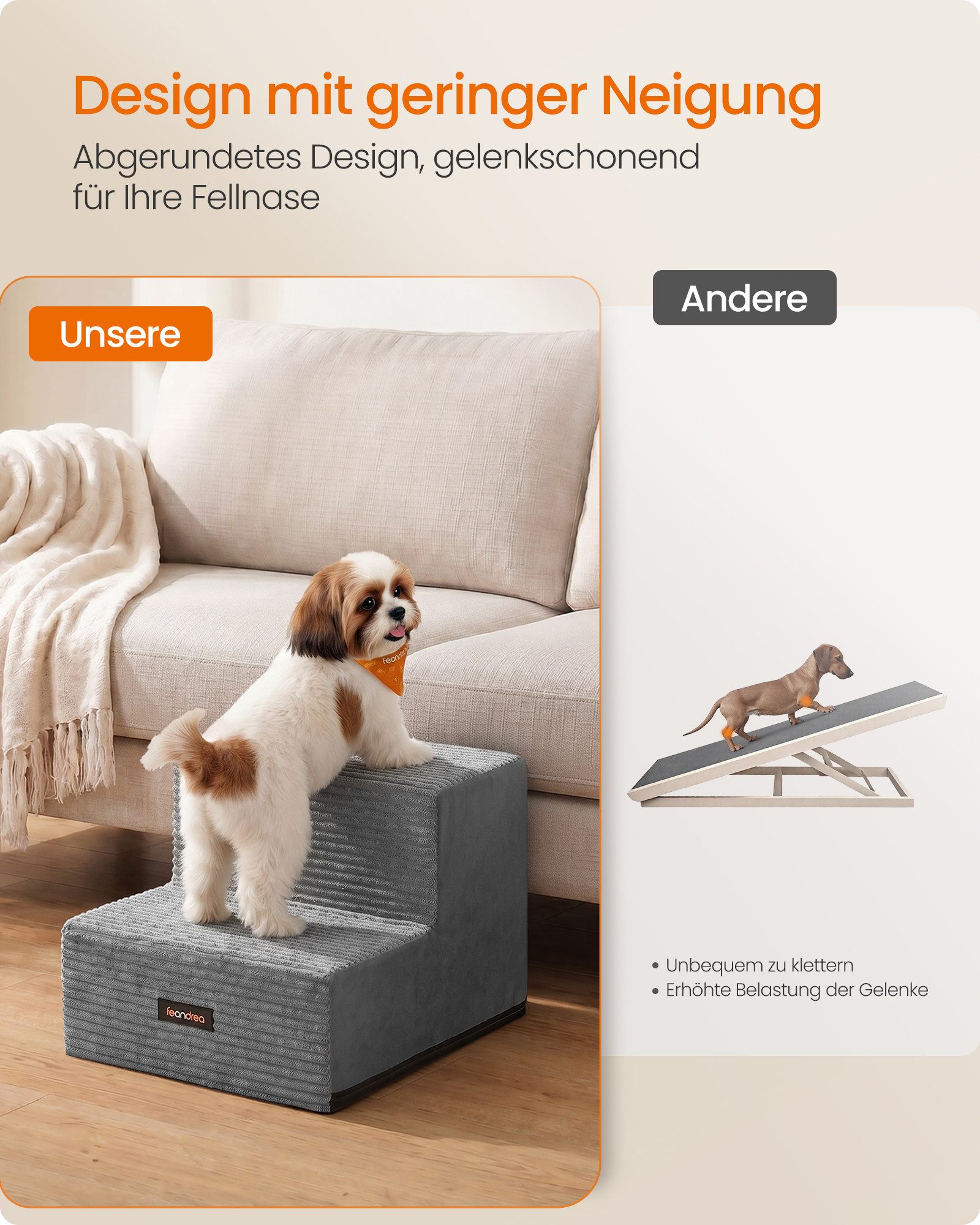 FEANDREA Haustiertreppe Waschbare Haustiertreppe für Bett und Sofa, 2 Stufen Katzentreppe aus Schaumstoff, Hunderampe für Kleine Hunde