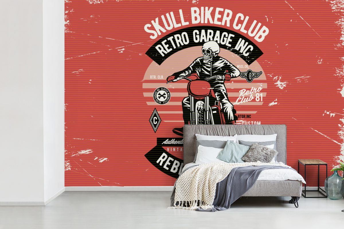 - Retro, Matt, Tapete MuchoWow Wohnzimmer, für (6 Skelett Kleidung Vinyl - Kinderzimmer, Motorrad - St), Wallpaper bedruckt, Schlafzimmer, Fototapete