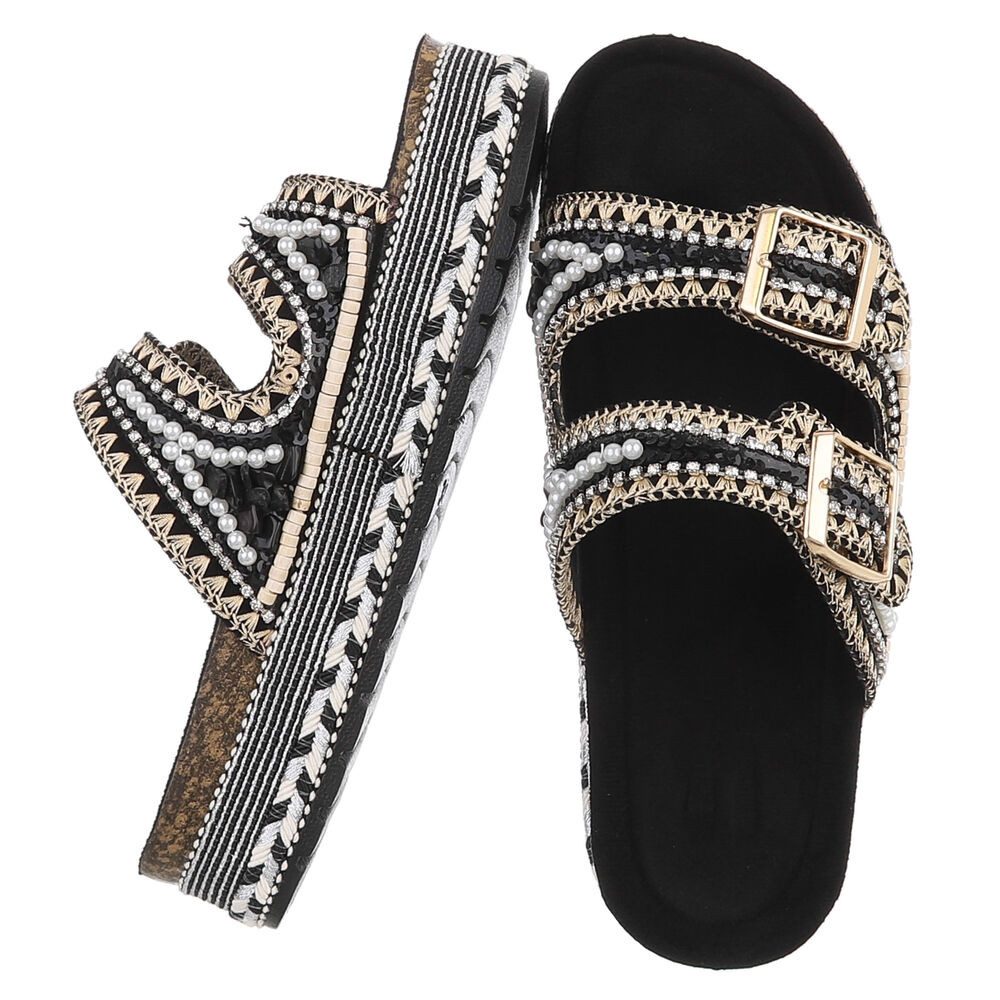 Ital-Design Damen Plateau Sandalette mit Schnallen & Zierdetails Plateausandaletten (91895642) Flach Pantoletten in Schwarz
