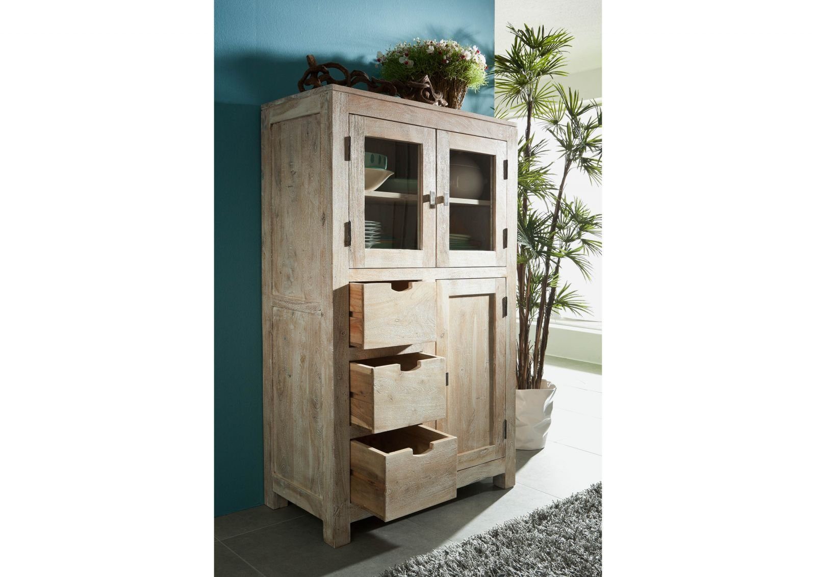 Massivmoebel24 Standvitrine NATURE WHITE (Vitrine Akazie 90x45x148 white stone getüncht  NATURE WHITE #62) Vitrine Akazie 90x45x148 white stone getüncht  NATURE WHITE #62