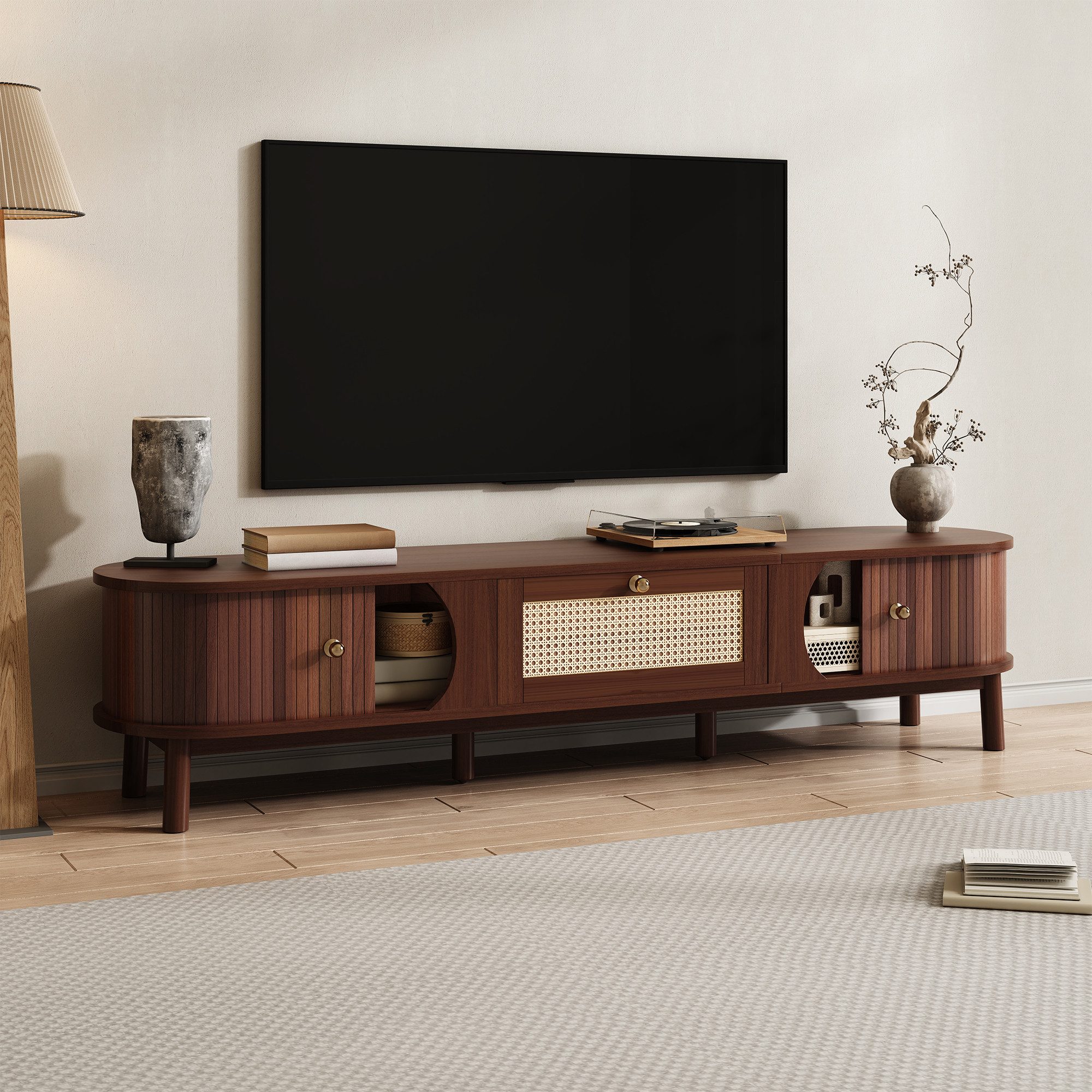 REDOM Lowboard Fernsehschrank mit Massivholztüren (TV-Board,TV-Ständer, Wohnzimmermöbel,Fernsehtisch, 1 St., 2 Schubladen, 1 Tür), stabiler Stauraum