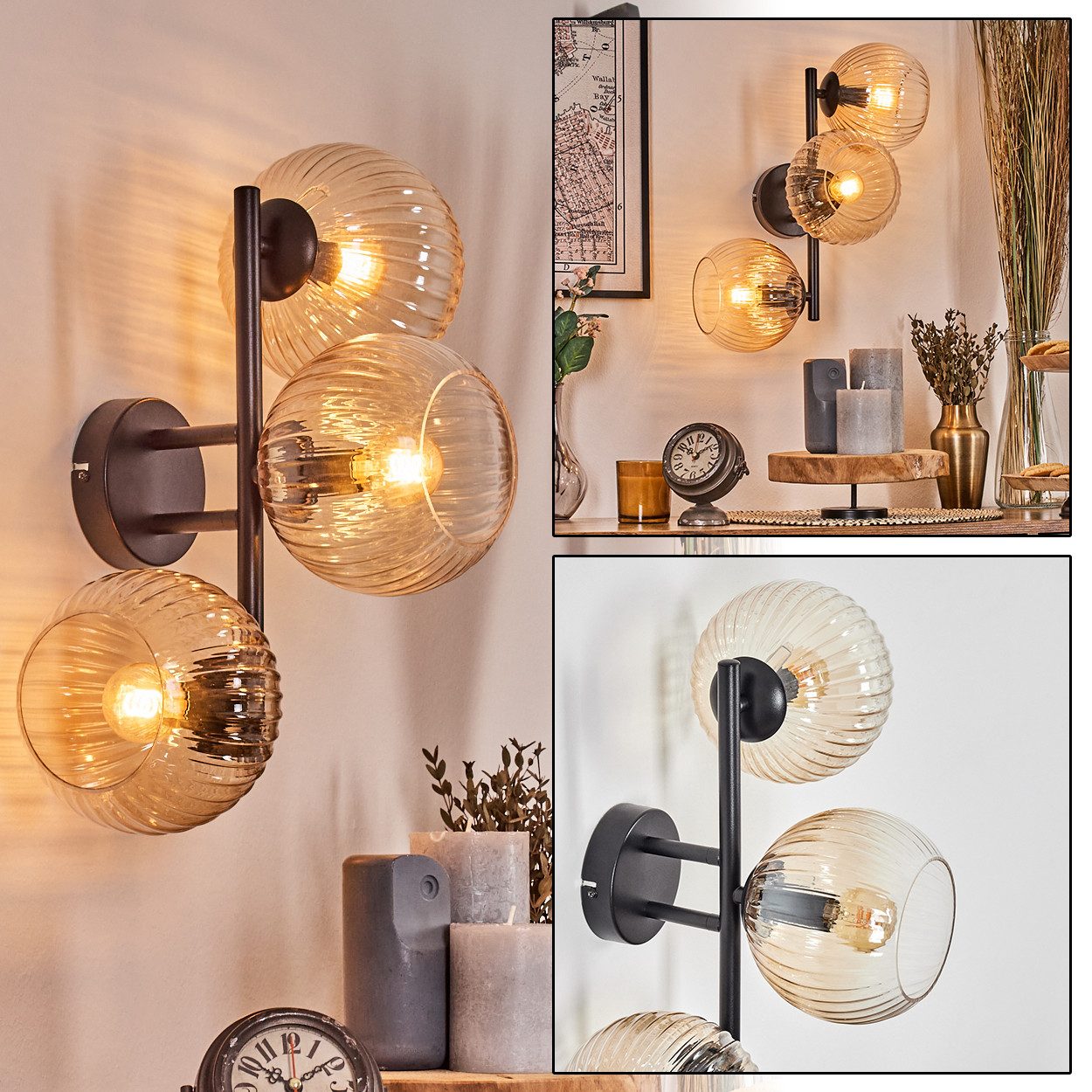 hofstein Wandleuchte Wandlampe aus Metall/Riffelglas in Schwarz/Bernstein/Klar, Leuchte im Retro/Vintage-Design (Schirme Ø 15 cm), E14, Wohnzimmer