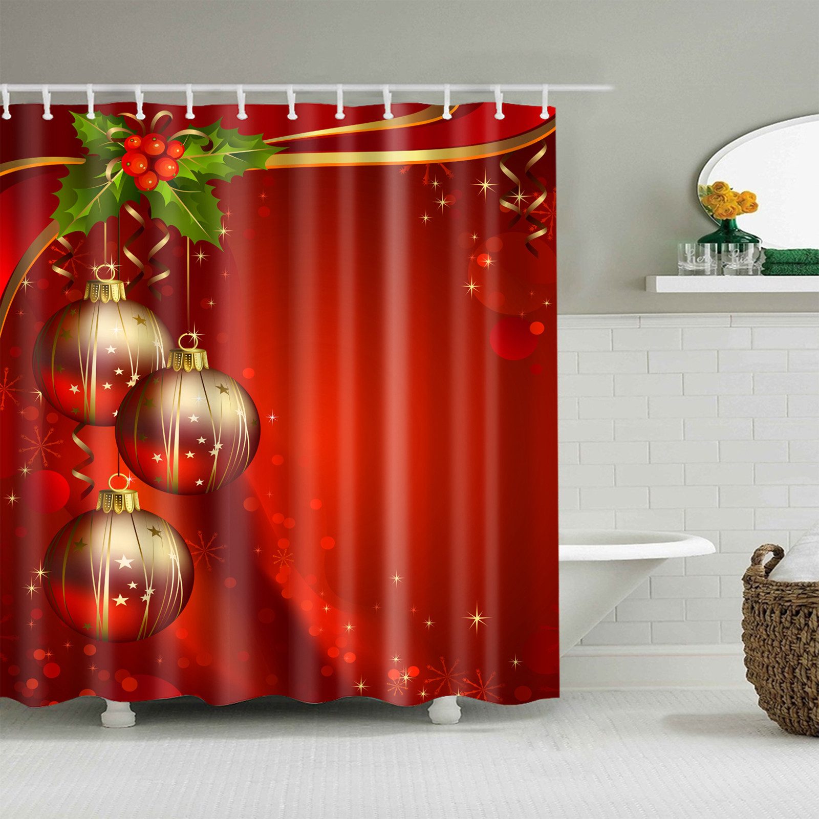 BTTO V&G Duschvorhang Badezimmer Vorhang mit Haken,Weihnachts-Duschvorhang Breite 180 cm (1-tlg), Antischimmel Umweltfreundlich,für Badezimmer