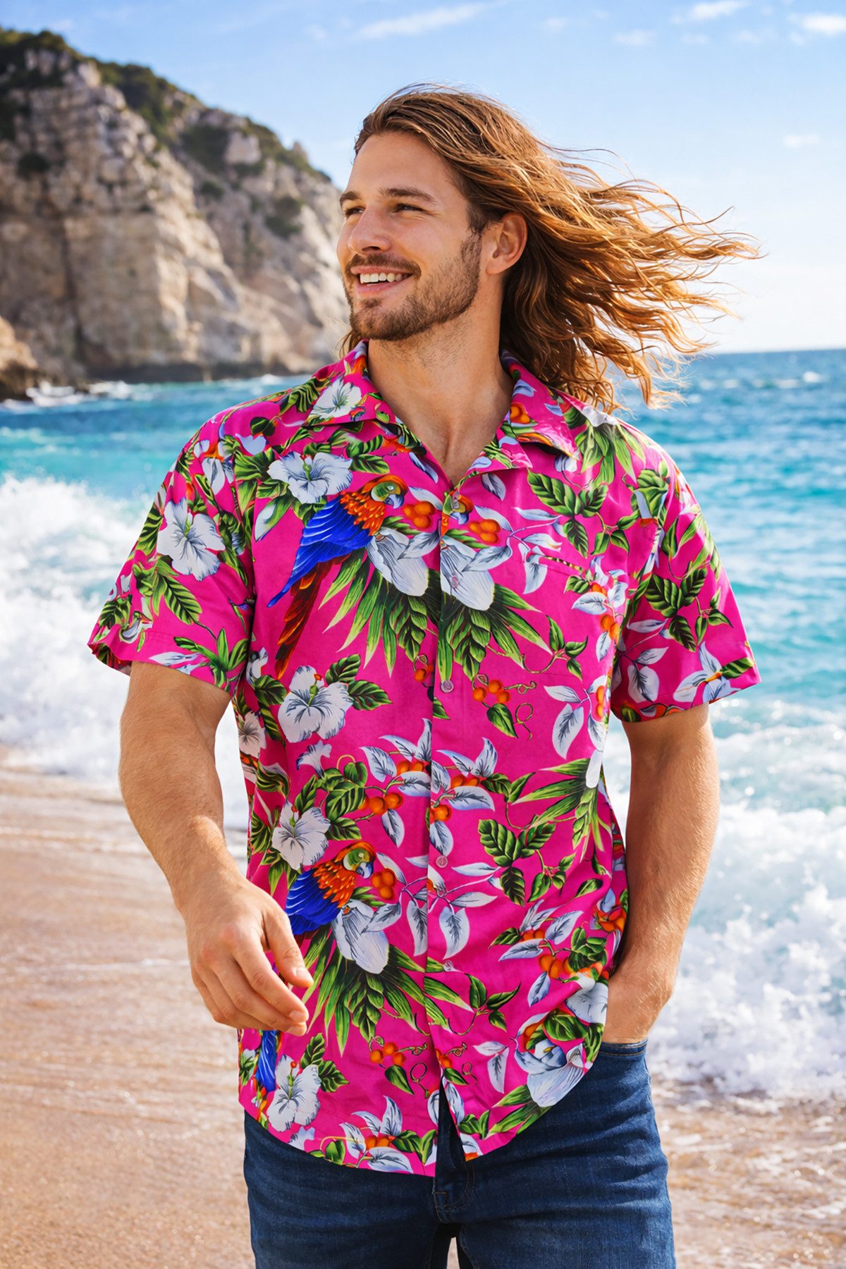 King Kameha Hawaiihemd "Cherry Parrot" Funky Hawaiihemd Herren Kurzarm Fronttasche Sommerhemd