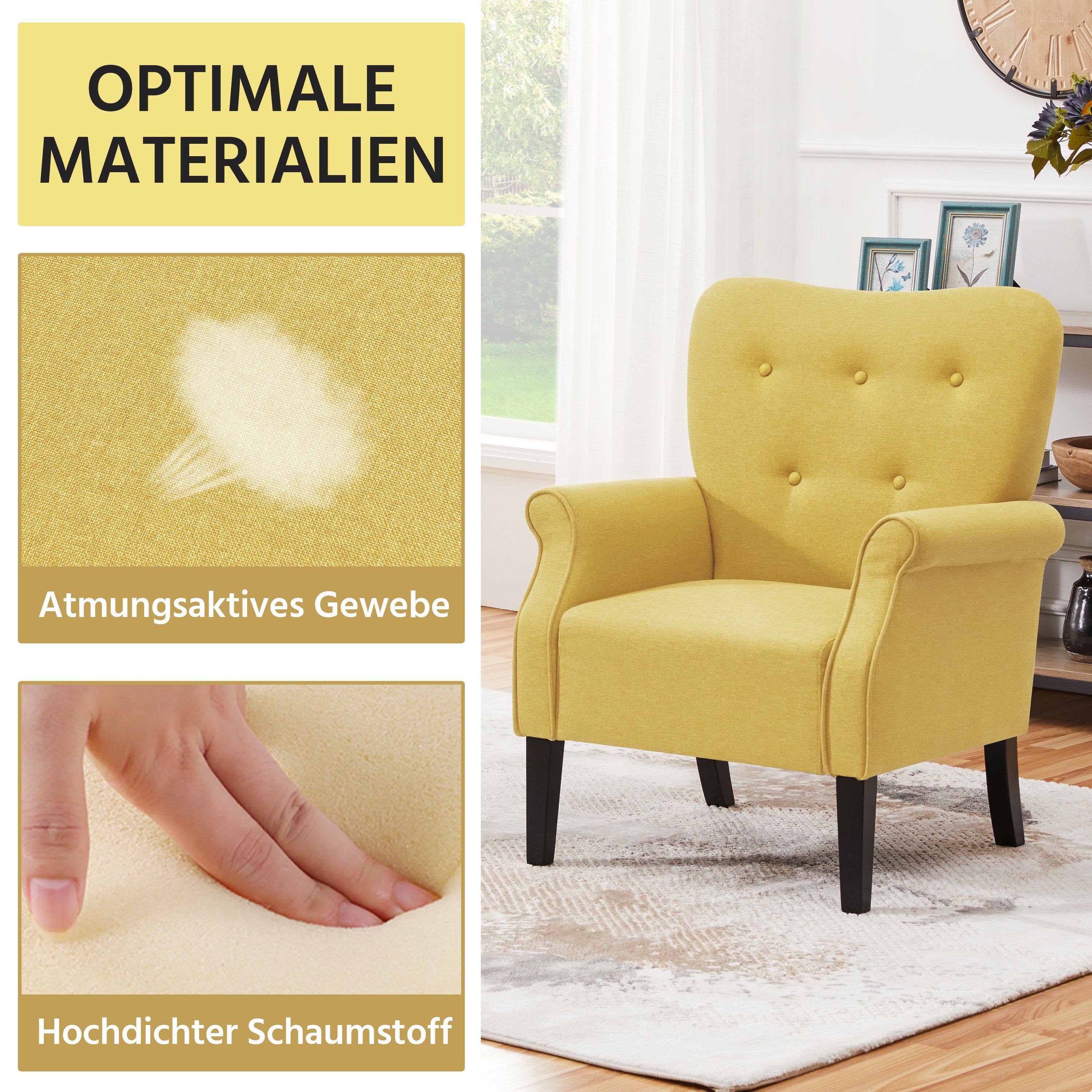 Yaheetech Ohrensessel, Cocktailsessel Holzbeinen mit Loungesessel Relaxsessel