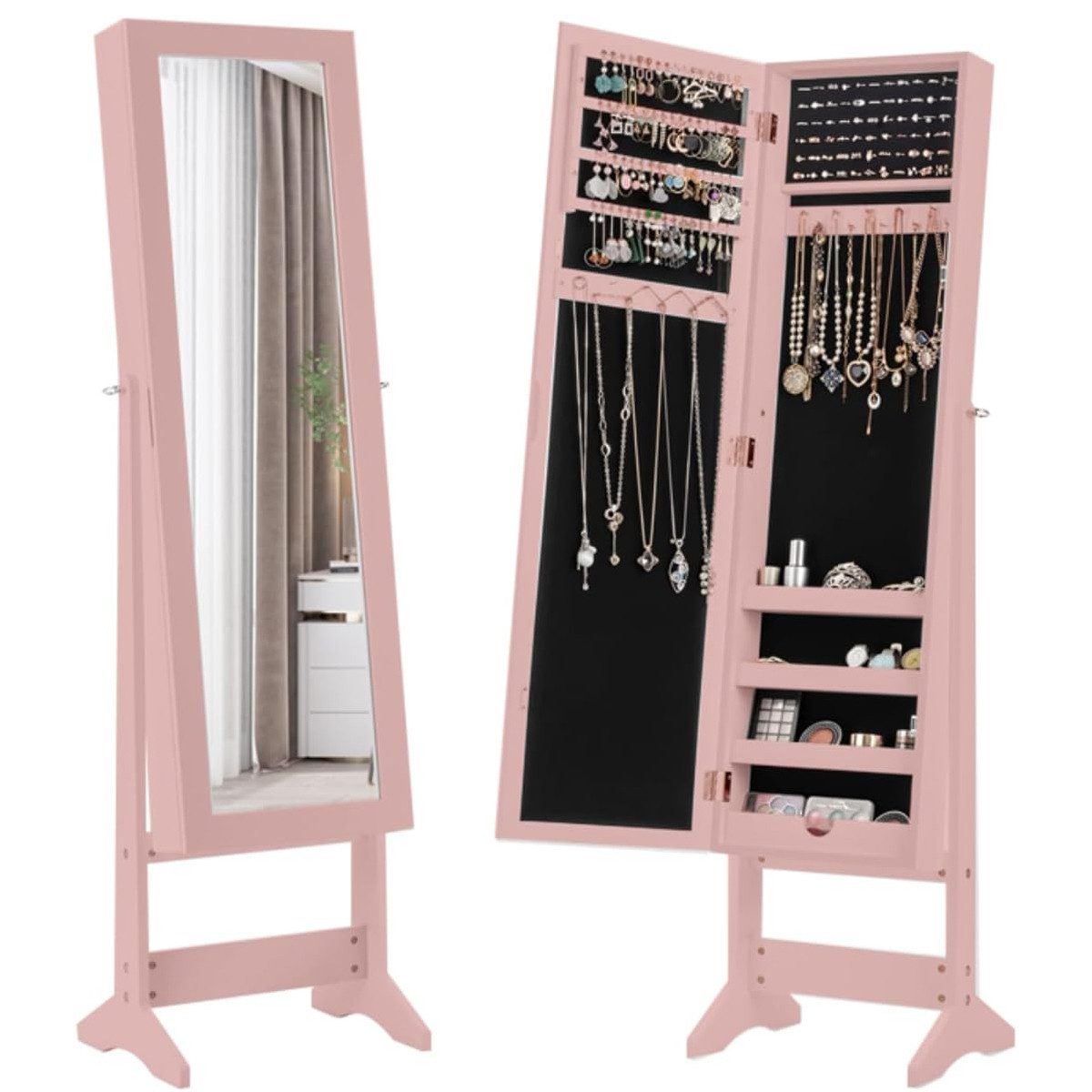 COSTWAY Schmuckregal, mit Ganzkörperspiegel, Schmuckschrank neigbar