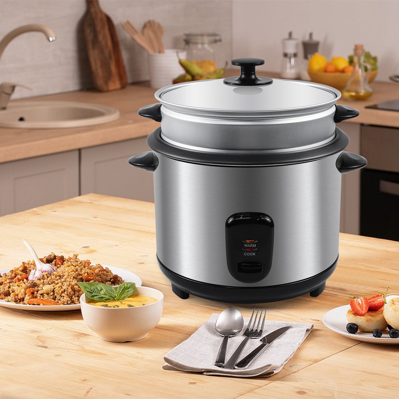 OZAVO Reiskocher OZSRC-22 2.2L Warmhaltefunktion Mit Dampfkorb, Löffel und Messbecher, 900 W, Dampfgarer Schnellkochtopf Warmhaltefunktion Kochtopf Hitzeschutz