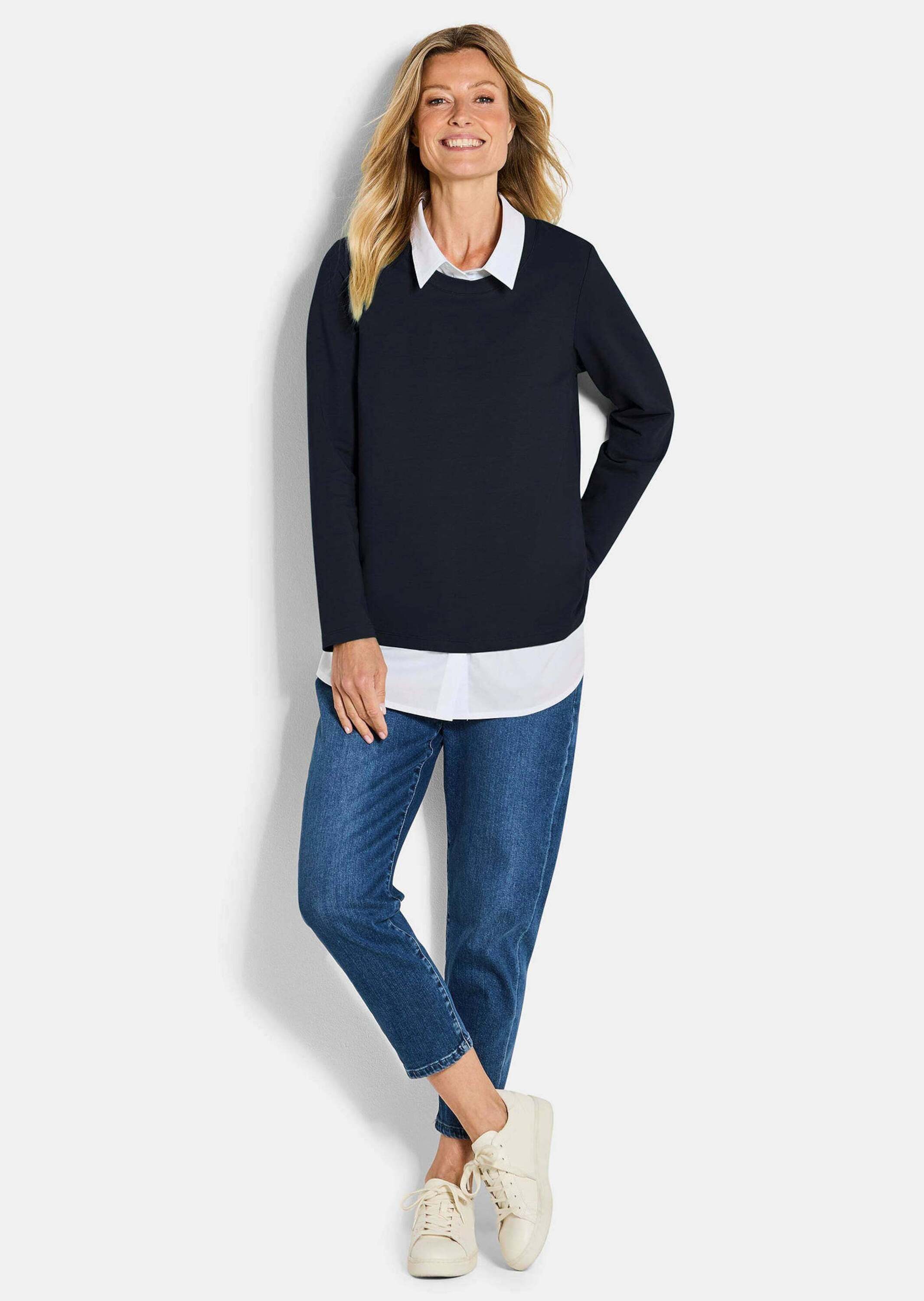 GOLDNER Longshirt Elegantes 2-in-1 Business-Oberteil Langarm-Shirt mit Hemdkragen und Hemdsaum, hüftumspielend, Baumwolle