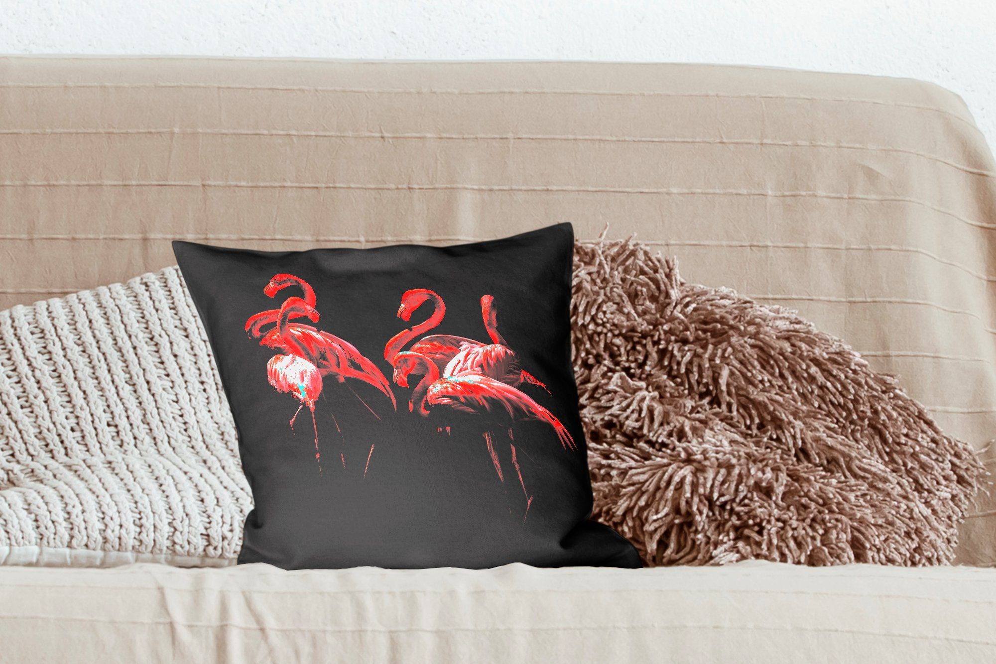- - Vögel Schlafzimmer, Deko, - Wohzimmer, MuchoWow Flamingos Sofakissen Dekokissen Zierkissen für Füllung mit Federn Schwarz,