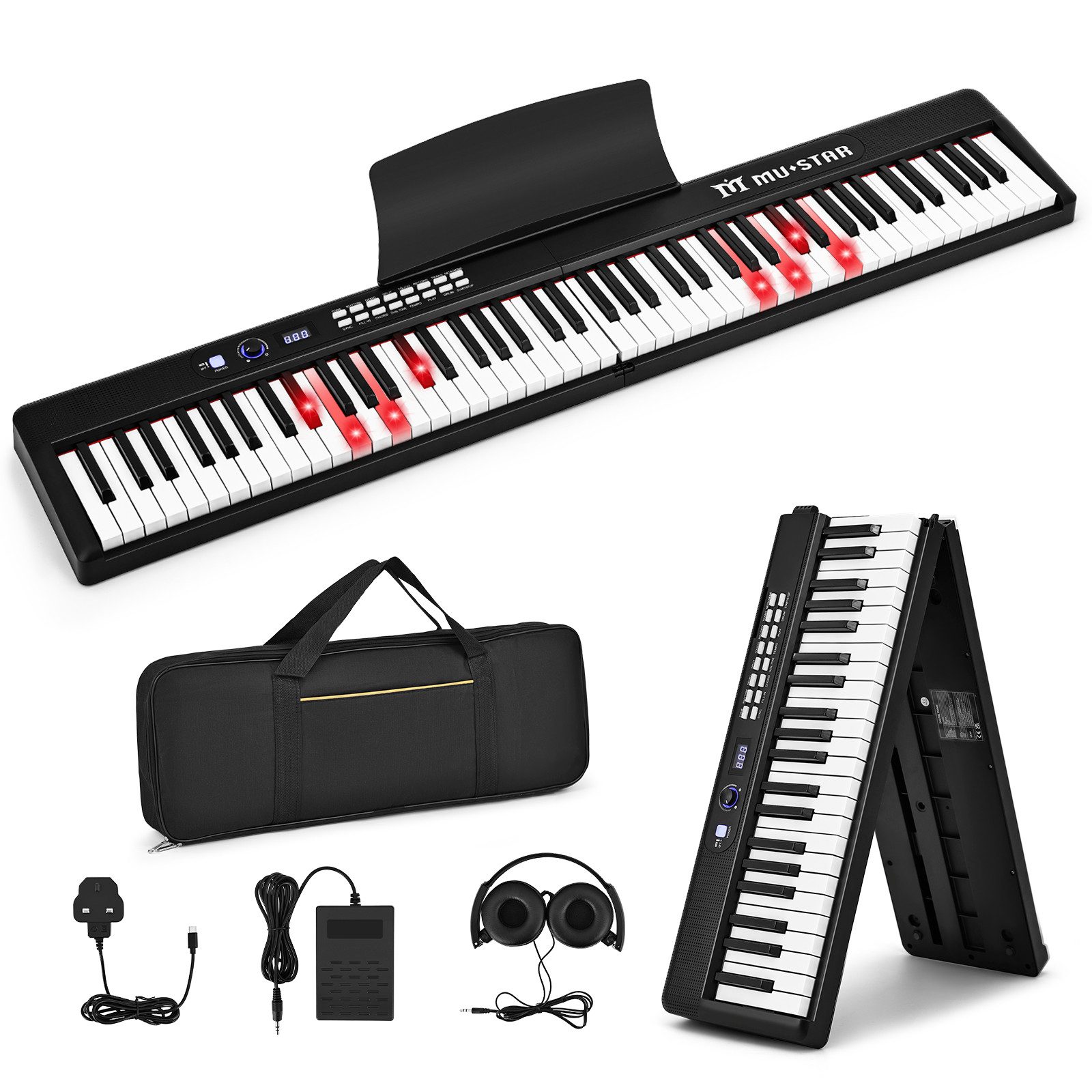 MUSTAR Digitalpiano 88 Tasten Faltbares Klavier mit Beleuchteter Tasten (1-St., mit Bluetooth, MIDI, Sustain Pedal, Kopfhörer für Anfänger), Halbgewichtige Digital Piano, Tragbares E-piano