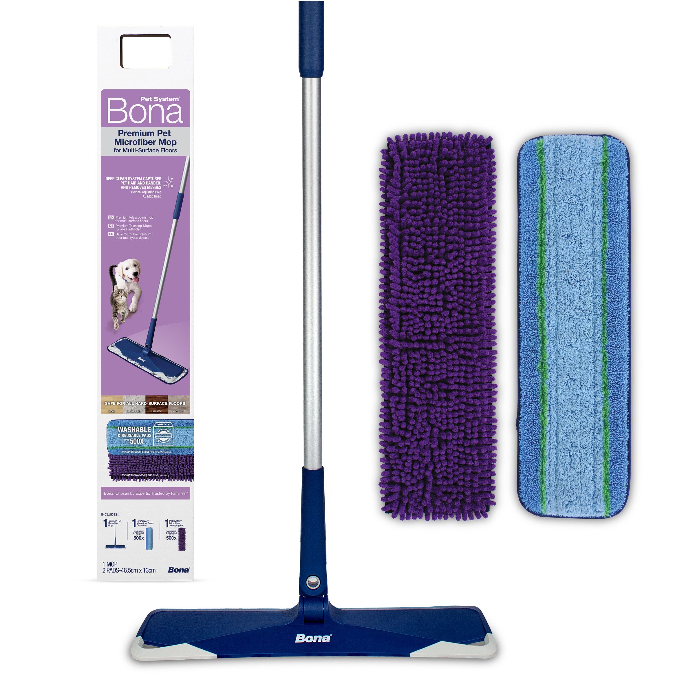 Bona Reinigungs-Set Pet System Premium Teleskop-Mopp, Bodenwischer Set für Haustiere, (1-St), Inkl. OxyPower Mikrofaser Deep Clean Pad & Pet System Sweeping Pad