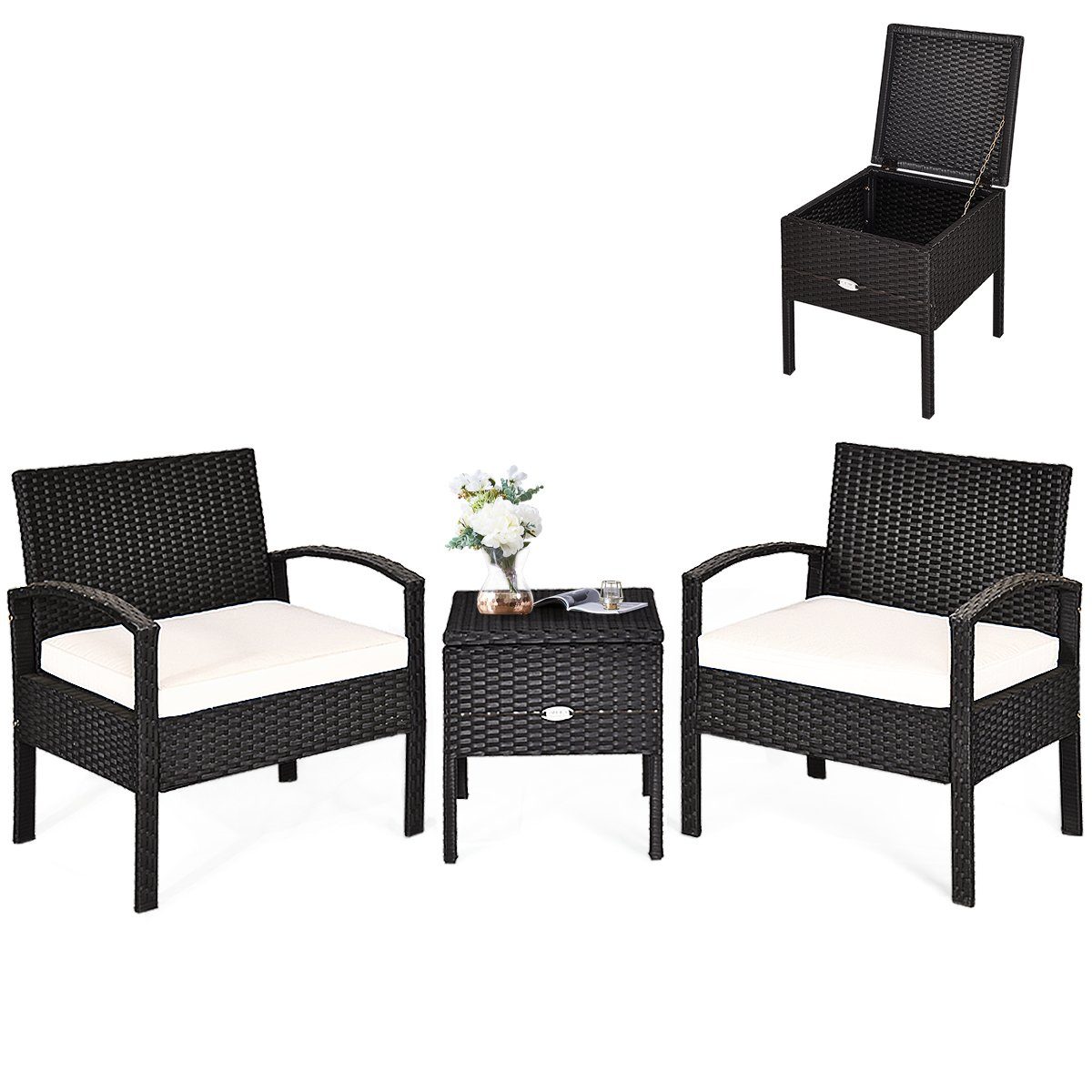 COSTWAY Balkonset, 3tlg, Tisch mit Stauraum & 2 Sessel mit Kissen, Rattan