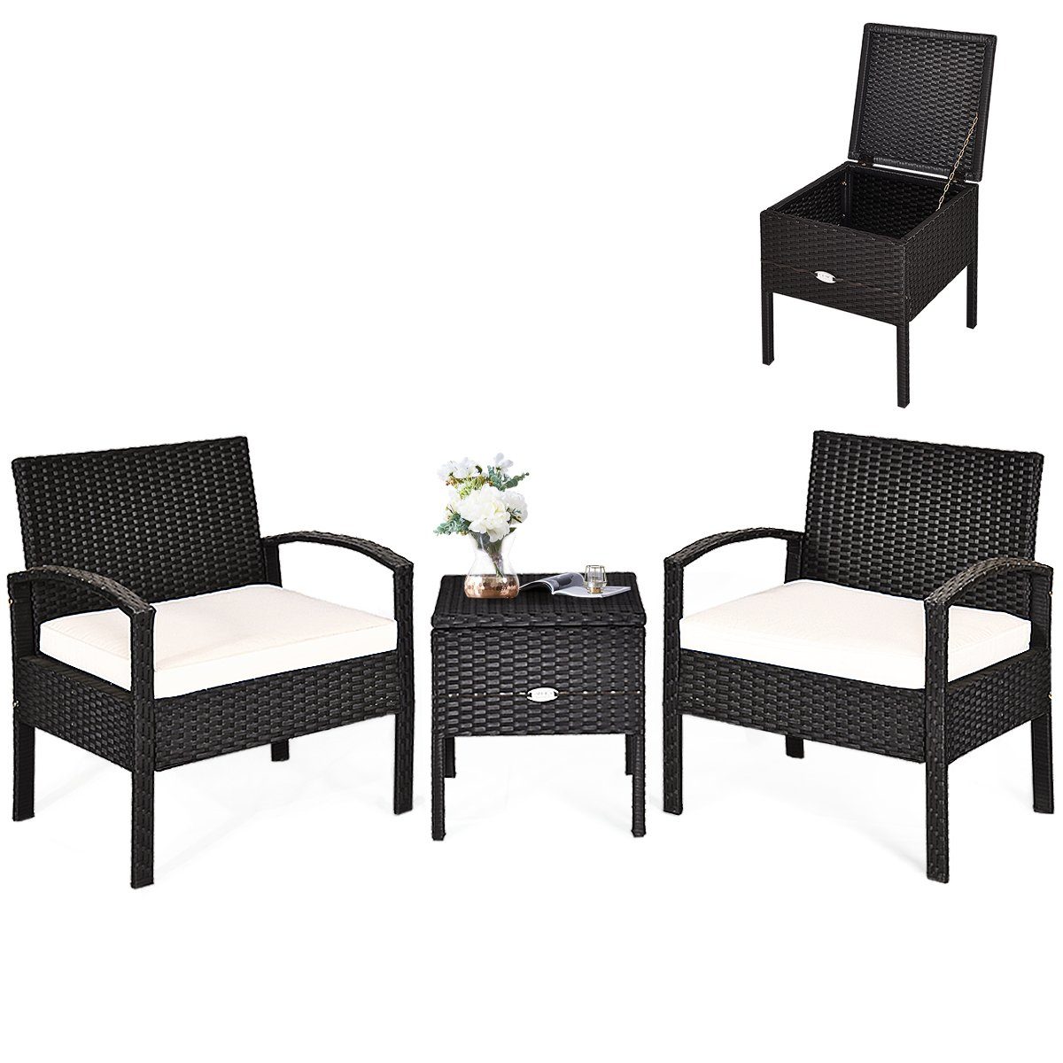 COSTWAY Balkonset, 3-tlg, Tisch mit Stauraum & 2 Sessel mit Kissen, Rattan