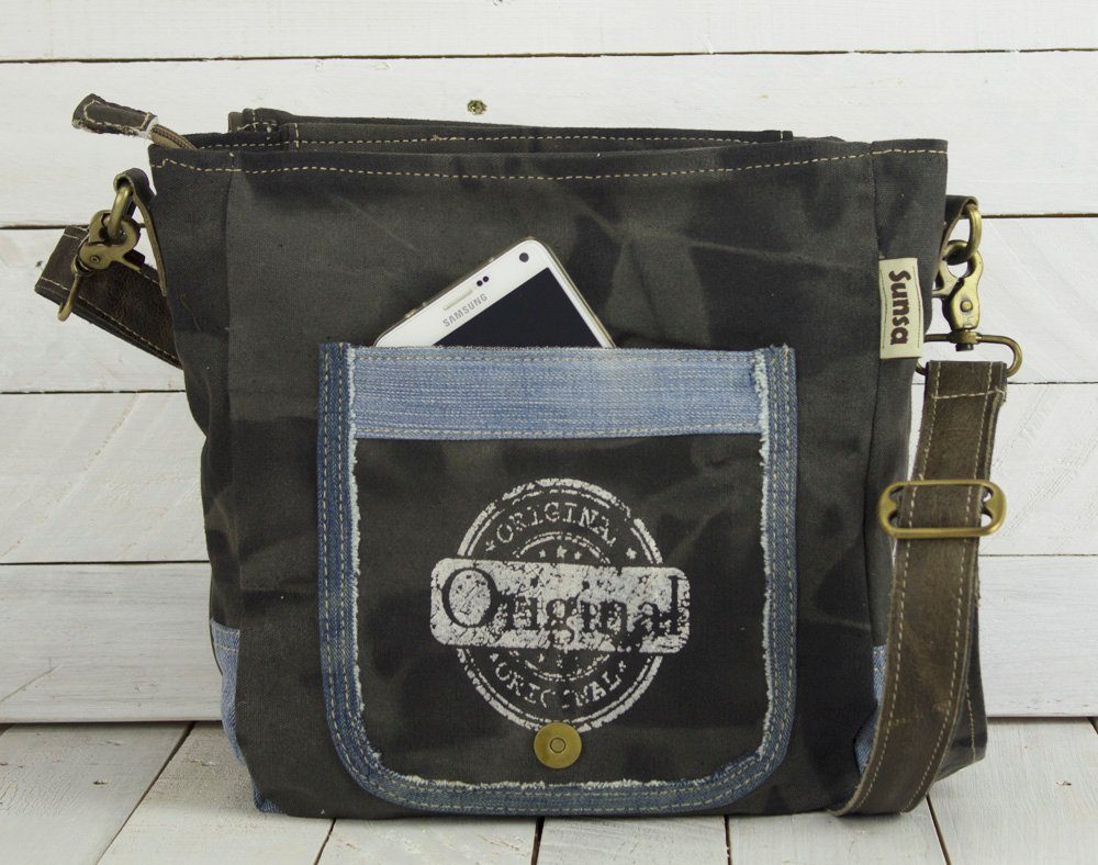 Schultertasche recycelten Sunsa Tasche Ihn. Messenger und Messenger mit der recycelten schwarzes Materialien für Umhängetasche Canvas. Handyfach Große unter Sie/ aus Jeans Aus Bag Frontklappe,