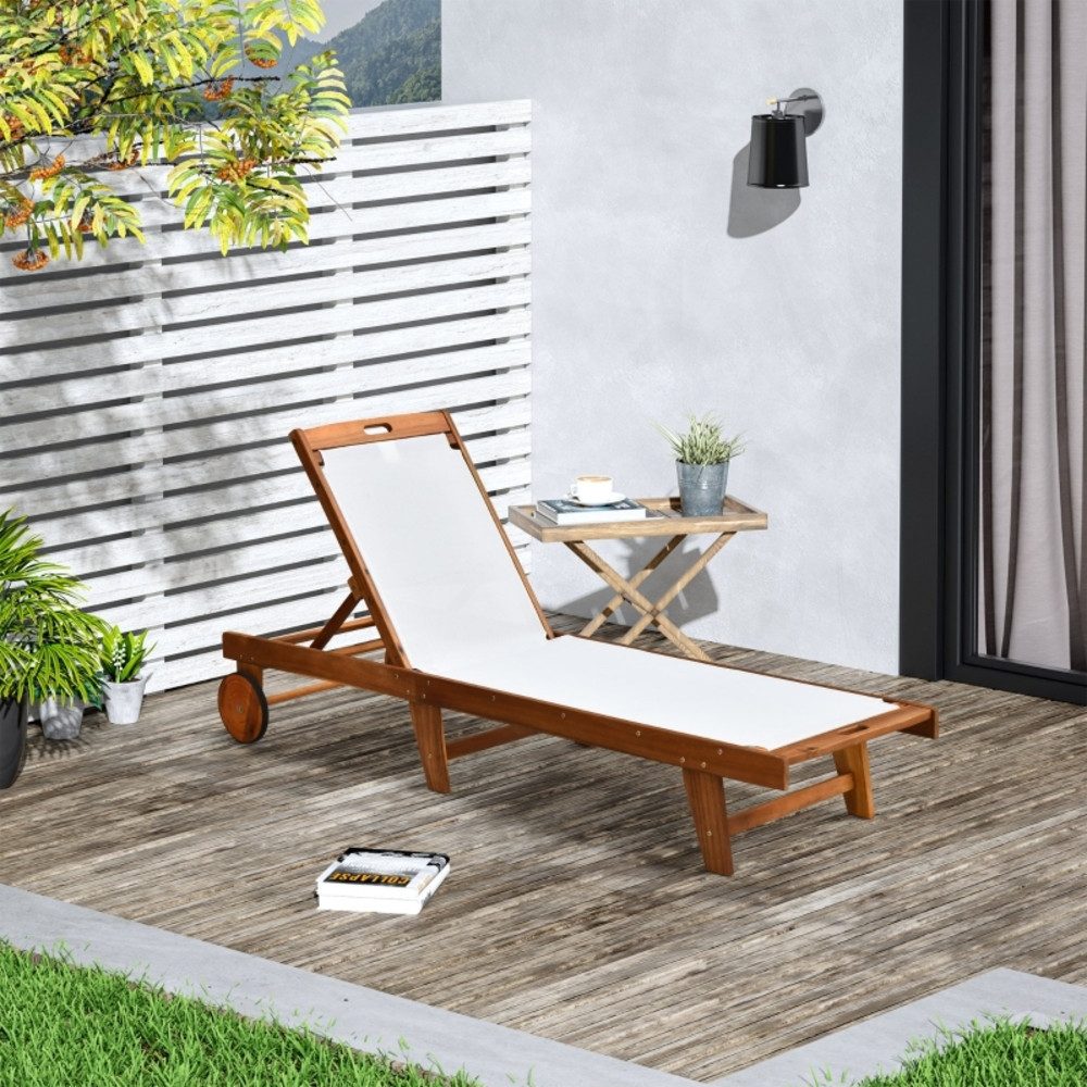 CHICFURN Gartenliege Sonnenliege Relaxliege aus Akazienholz mit Textilbezug, Packung, 1 St., Verstellbare Gartenmöbel für Terrasse und Außenbereich, Natur+Weiß, 198 x 55 x 30-88,5 cm