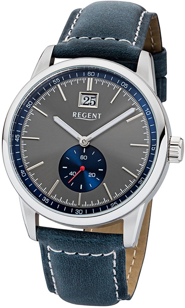 Regent Quarzuhr Regent Herren-Armbanduhr dunkelblau, Herren Armbanduhr  rund, groß (ca. 42mm), Lederarmband