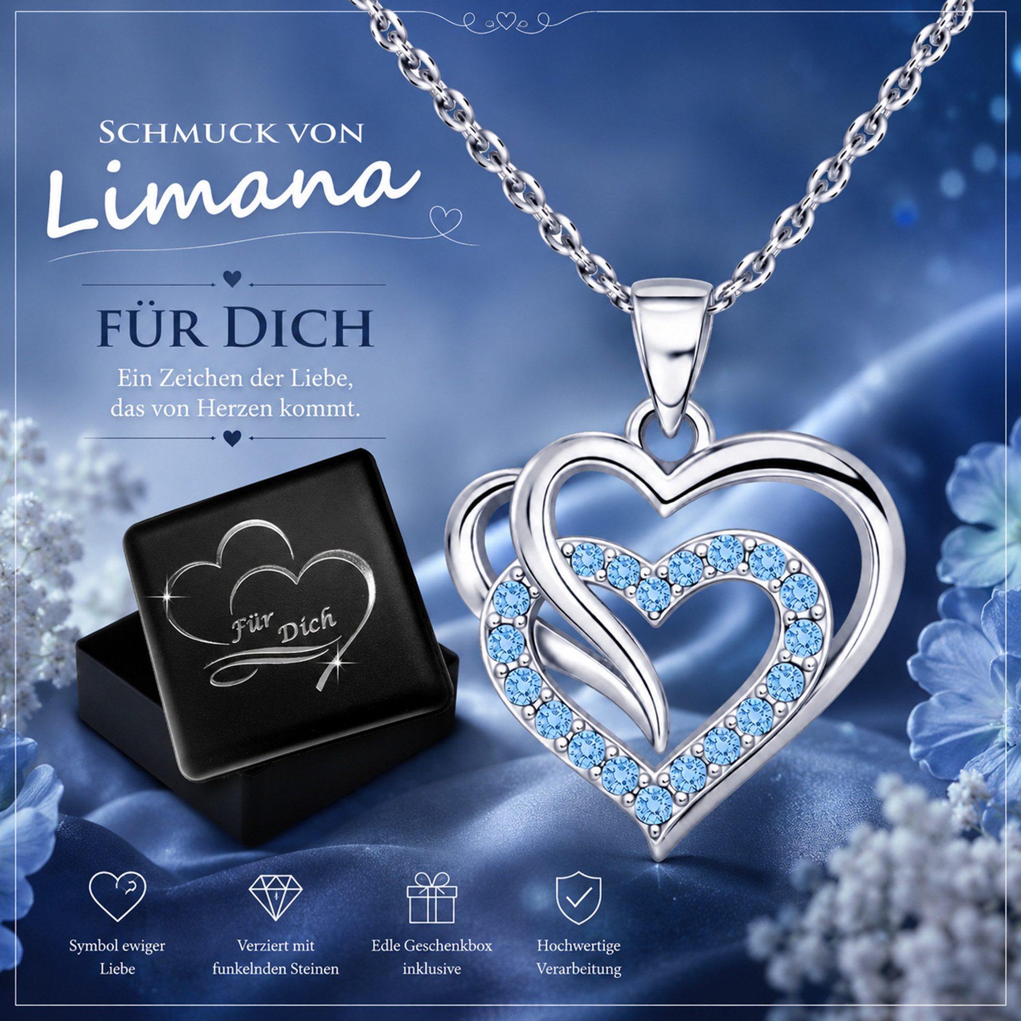 Limana Herzkette Doppelherz Schmuck Damen 925 Silber Kette mit Anhänger - Geschenk (für Frau Freundin Mama, inkl. Schmuckdose), Geburtstag Jahrestag Hochzeitsta – Bild 2 von 5