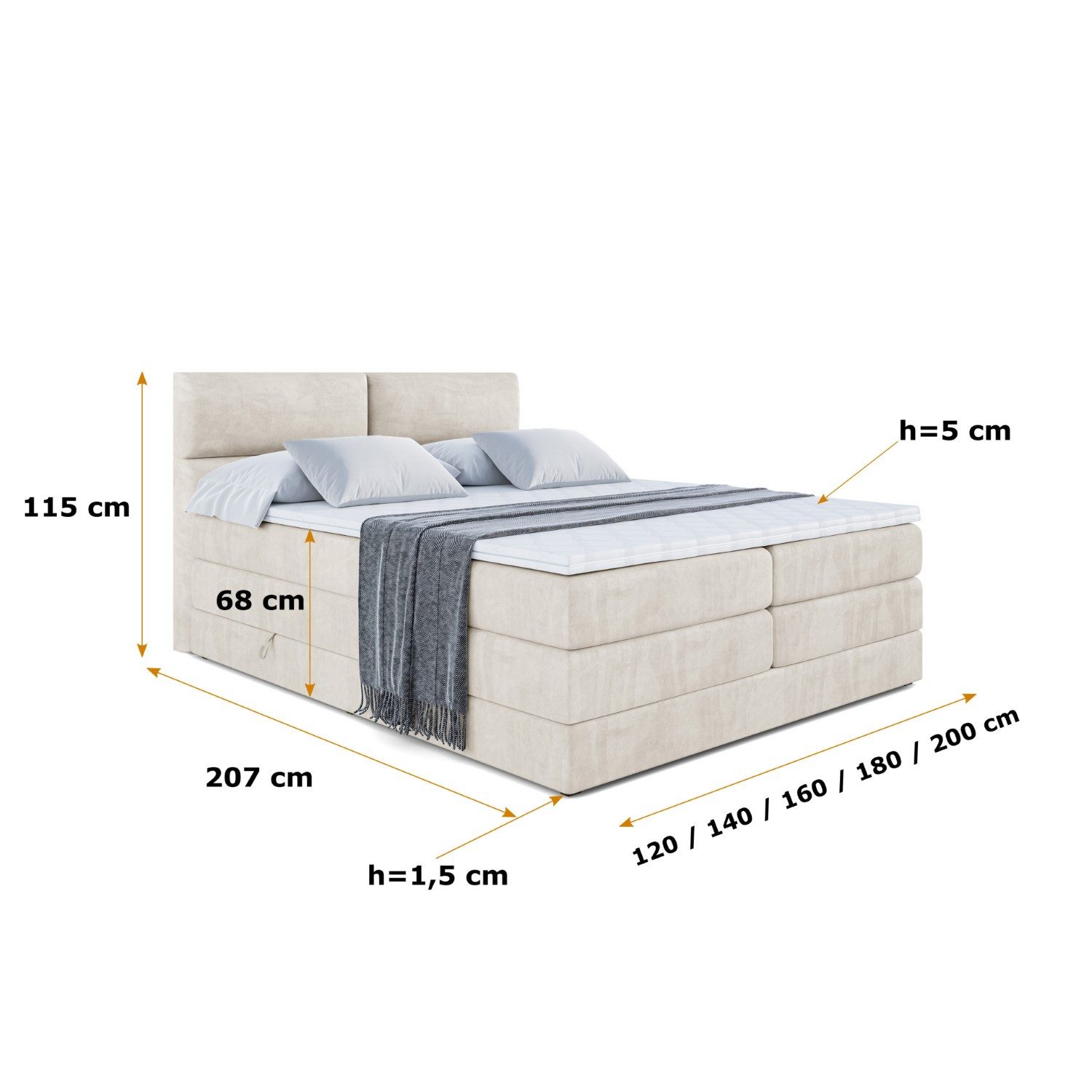 ALTDECOR Boxspringbett BOXI3 KING (Multipocket-Matratze H4, H3 Matratze Bonellfederung, Topper, Kopfteil)
