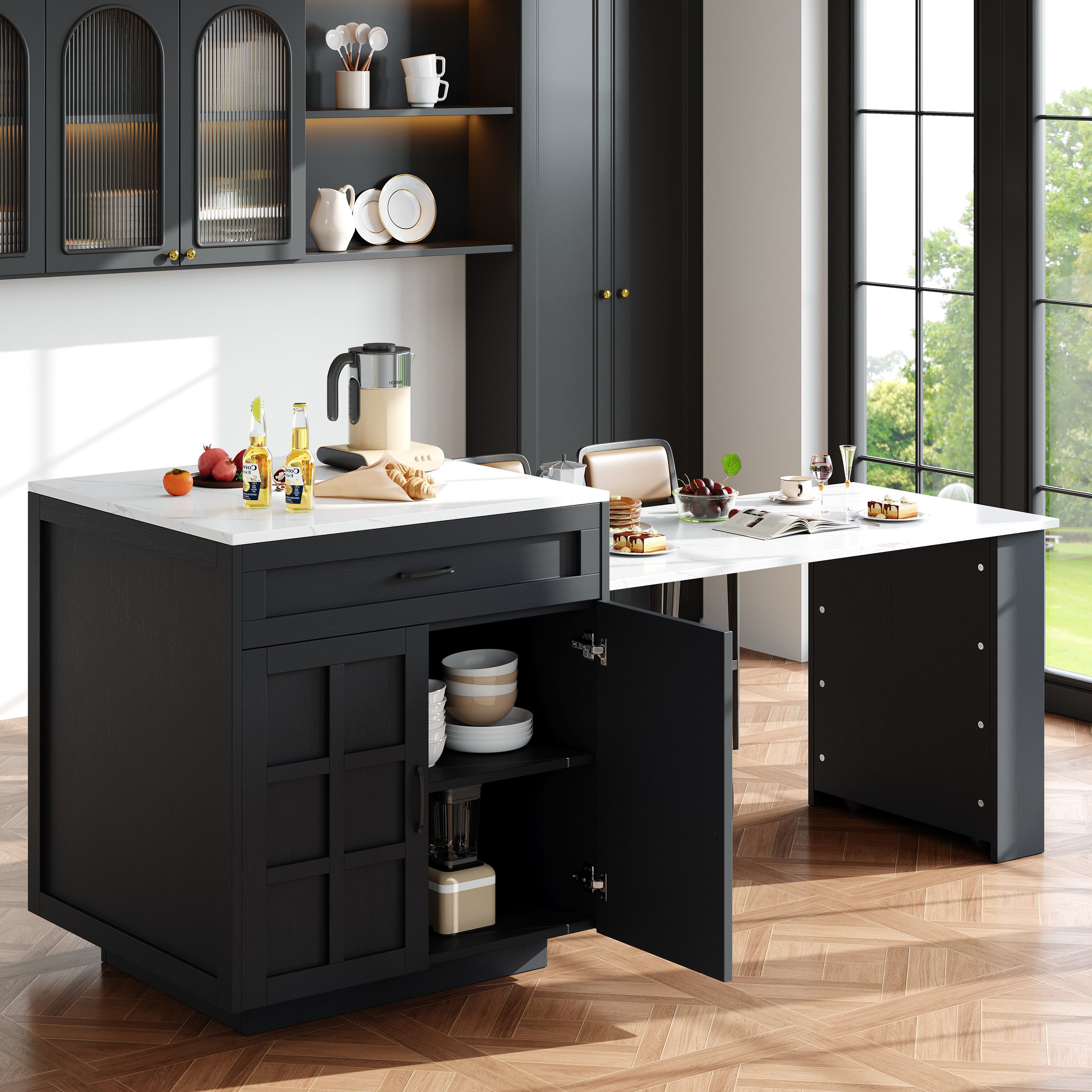 KLAM HOME Kücheninsel Ausziehbarer Bartisch Mit Stauraum Und Schubladen Kücheninsel, (Multifunktionaler Küchen Esswagen Von 133 Auf 202 Cm), Weißer MDF Bartisch – Bild 4 von 5