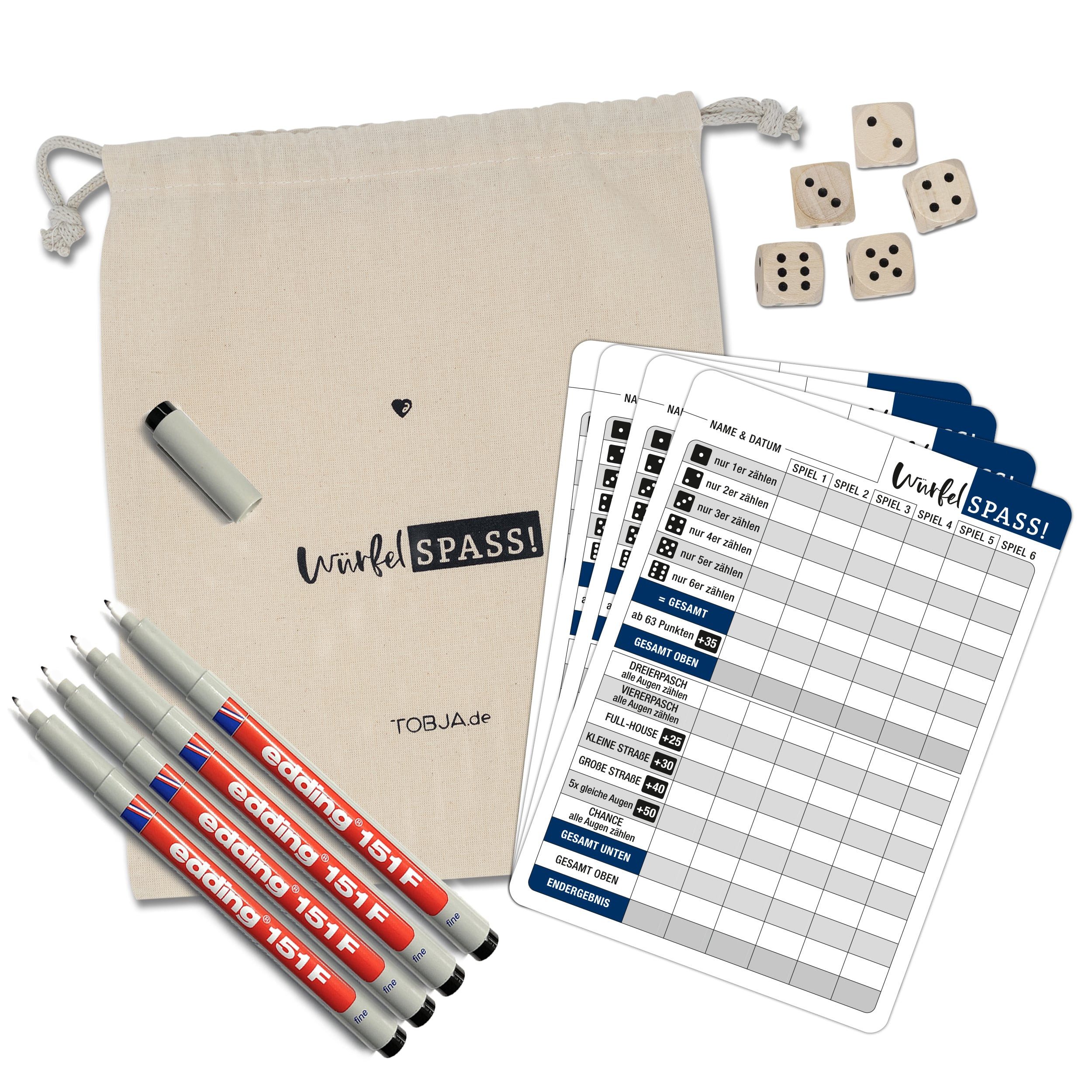 TOBJA Spiel Würfelspiel SET 4x Folie "Senior" + 4 Stifte + 5 Holzwürfel + Beutel, Logikspiel, Holzwürfel