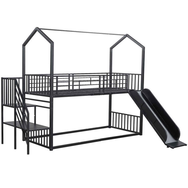 Welikera Bett 90*200cm Hausbett,Eisenrahmenbett mit Schiebetreppe, Hausmodellierung, stabil und zuverlässig, schwarz