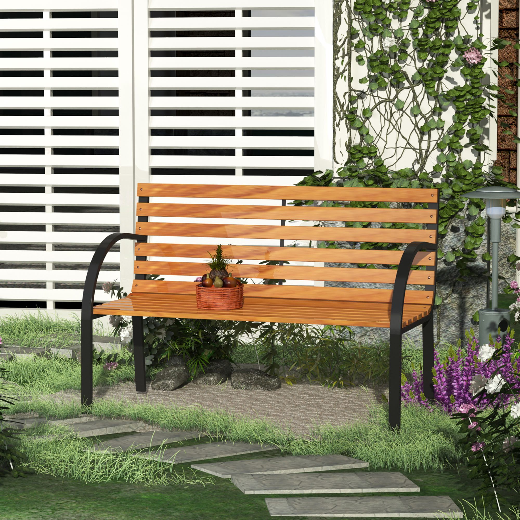 Outsunny Gartenbank 2-Sitzer für Garten Park Stahl+Kiefernholz (Gartenbank, 1-St., Sitzbank), tahl+Kiefernholz Natur 122 x 60 x 83 cm