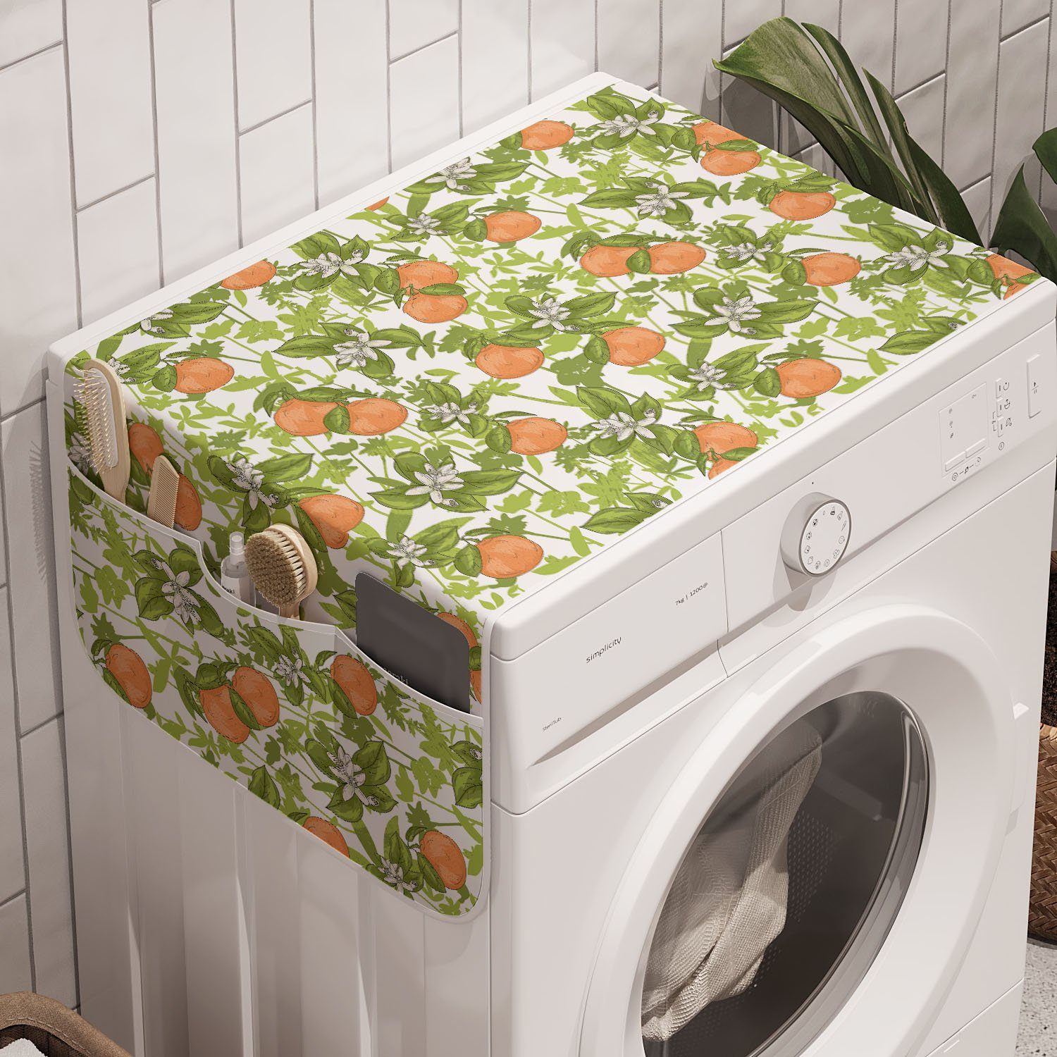 Abakuhaus Badorganizer Anti-Rutsch-Stoffabdeckung für Waschmaschine und Trockner, Mandarine Vintage Mandarins Blumen
