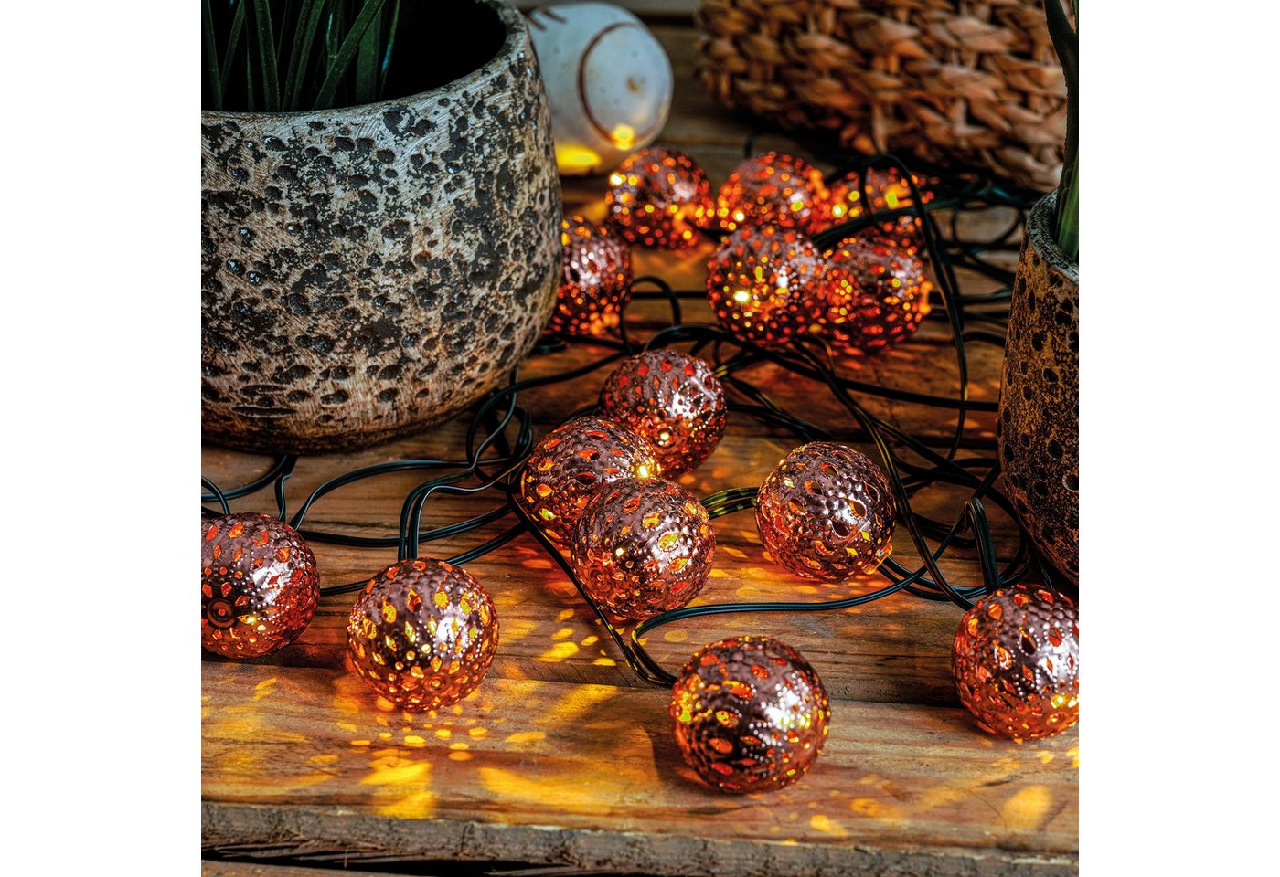 esotec LED Gartenleuchte orientalische Solarkette 20 Kugeln 9,5m +2m Zuleitung 3000K 102186, Dauer- oder Blinklicht, ON/OFF, automatisch EIN/AUS bei Dämmerung, LED fest integriert, 3000K warmweiß, Dauer- oder Blinklicht