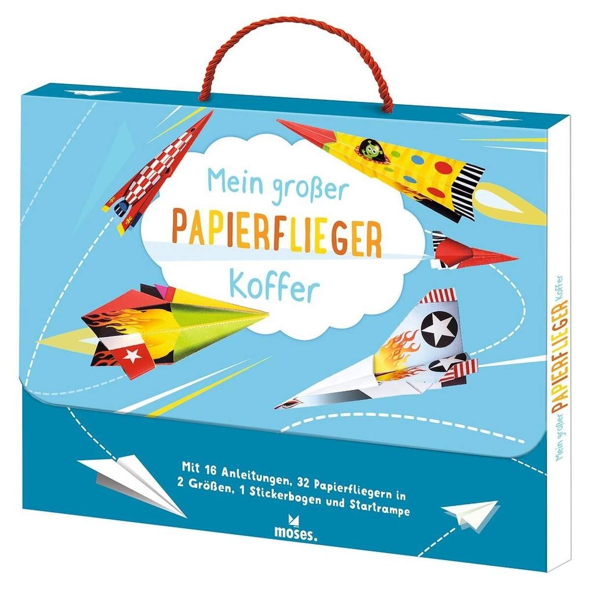 Moses. Verlag Kreativset Papierflieger-Bastelkoffer mit Startrampe & Stickern, 32 Teile