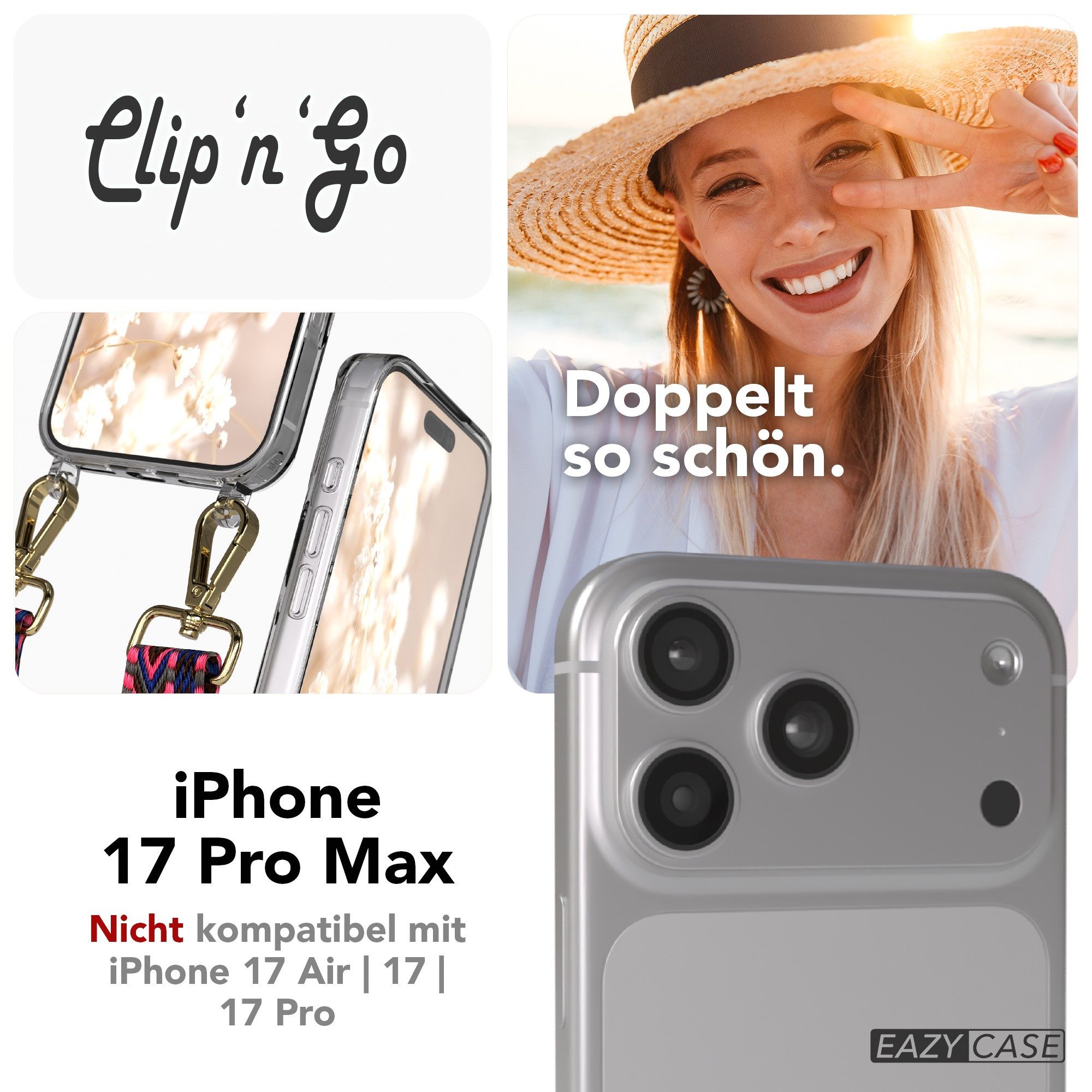EAZY CASE Handykette Umhängeband MagSafe Hülle Apple iPhone 17 Pro Max 6,9 Zoll, Verstellbarer Trageriemen mit Case transparent DIY Gürteltasche Pink