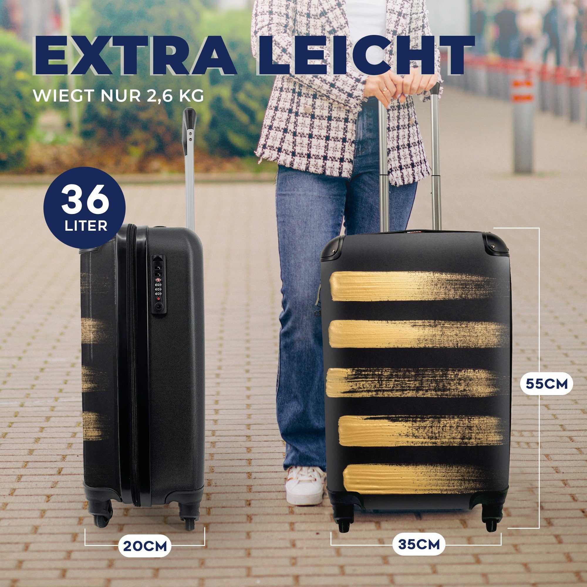 MuchoWow Handgepäckkoffer Hintergrund, Handgepäck rollen, schwarzem Trolley, Reisekoffer für aus goldener Farbe Rollen, auf 4 Reisetasche Muster Ferien, mit