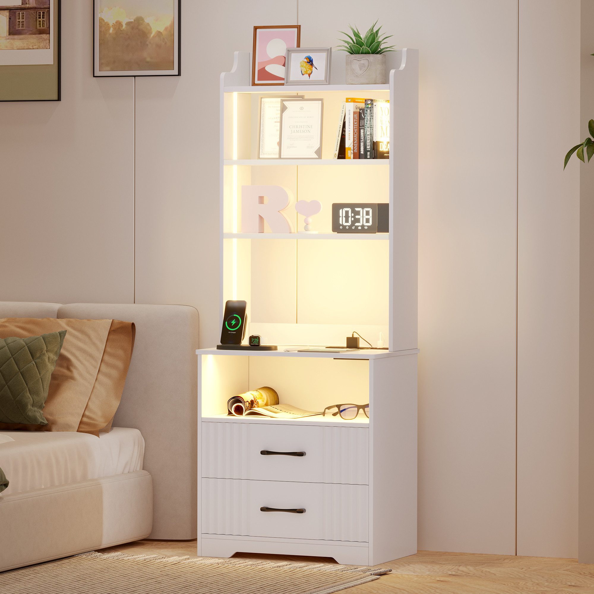 LVSOMT Nachttisch Bücherregalen mit LED, Steckdose günstig online kaufen