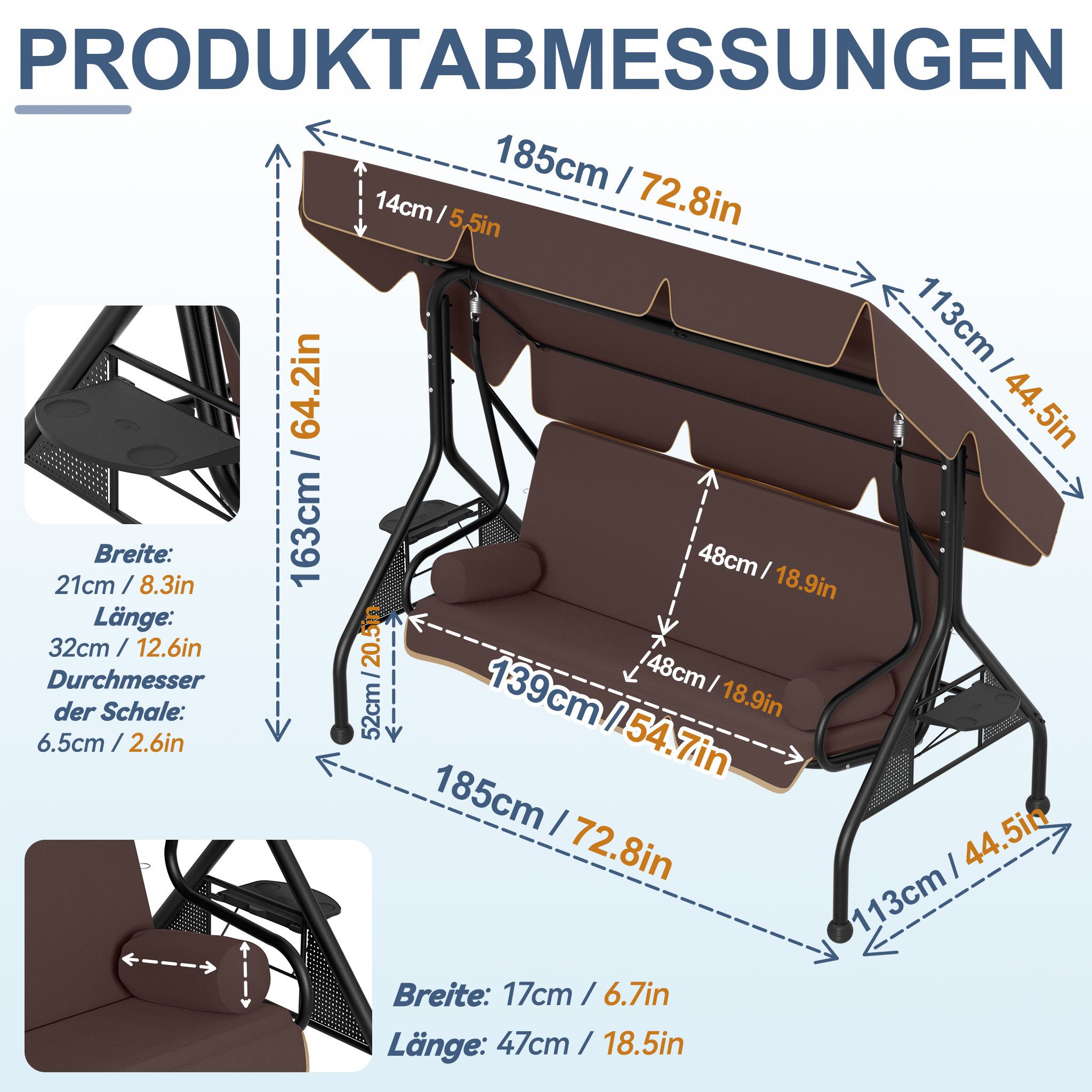 FIVMEN Hollywoodschaukel 3-Sitzer Schaukelbank mit Verstellbarem Sonnendach Sitzkissen, Gartenschaukel für Terrasse Balkon Gartenliege bis 350 kg