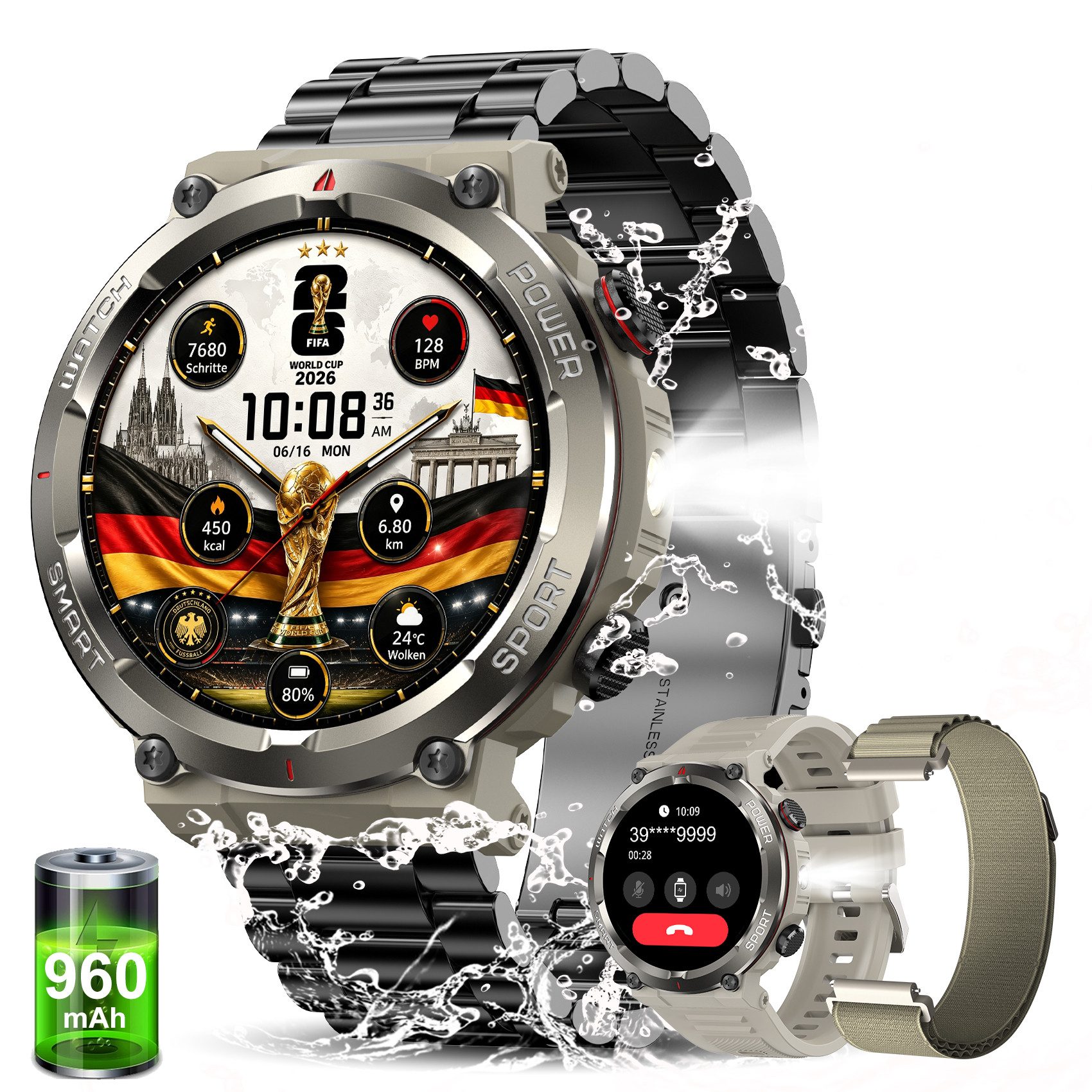 blackview Militärische Smartwatch für Herren mit 960mAh(30 Tage),Telefonfunktion Smartwatch (1.45 Zoll, iOS/Android), 3-tlg., 3 x Riemen / 2 x Riemen und Ladekabel, Sprachassistent,LED-Taschenlampe,Kompass,150+ Sportmodi,Schritten,IP68