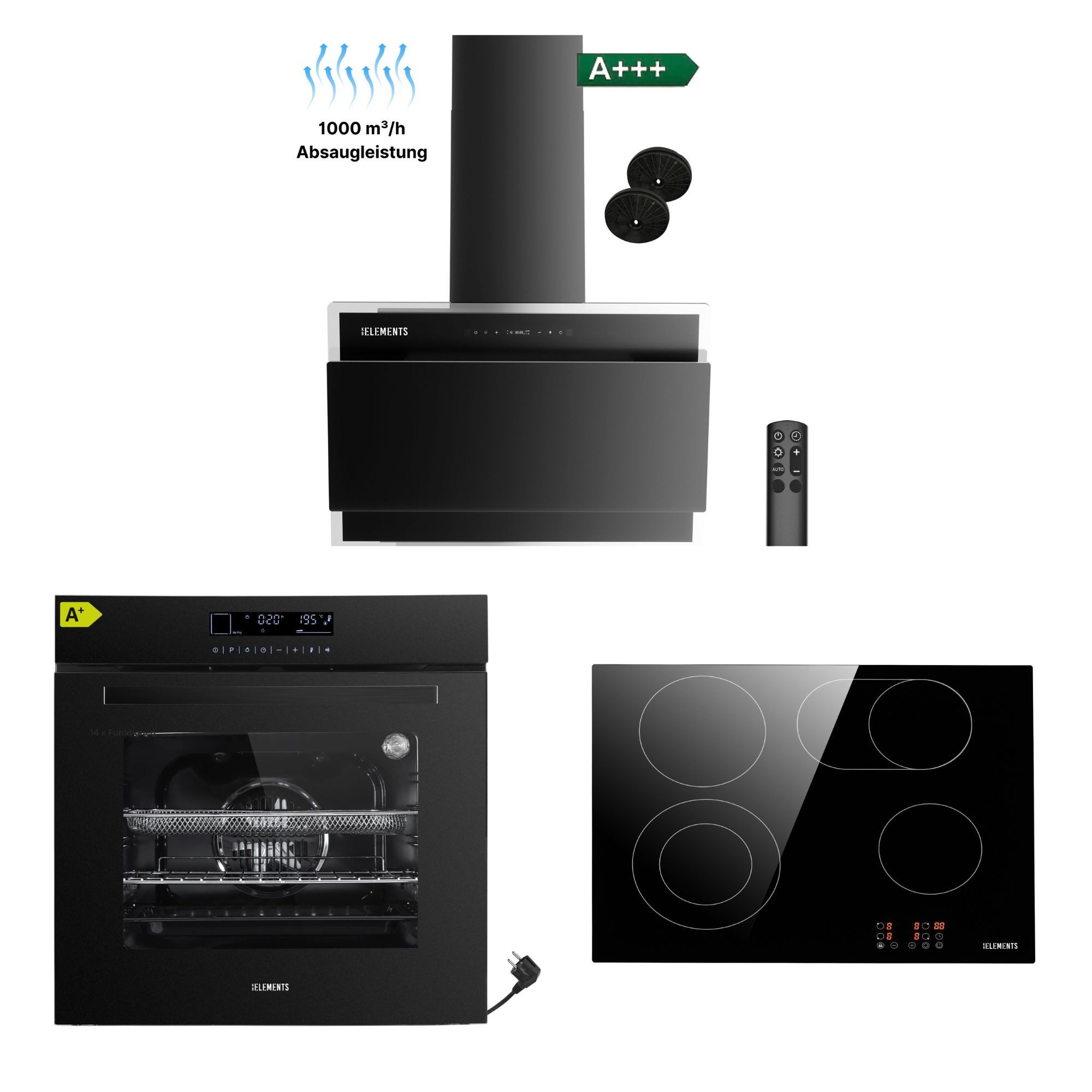 KB Elements Backofen-Set Einbaubackofen 60 cm mit 4-Zonen Glaskeramik Kochfeld 60 cm, mit 2-fach-Teleskopauszug, AQUA CLEAN, Einbaubackofen Full Touch mit 15 Funktionen, Air Fry Funktion