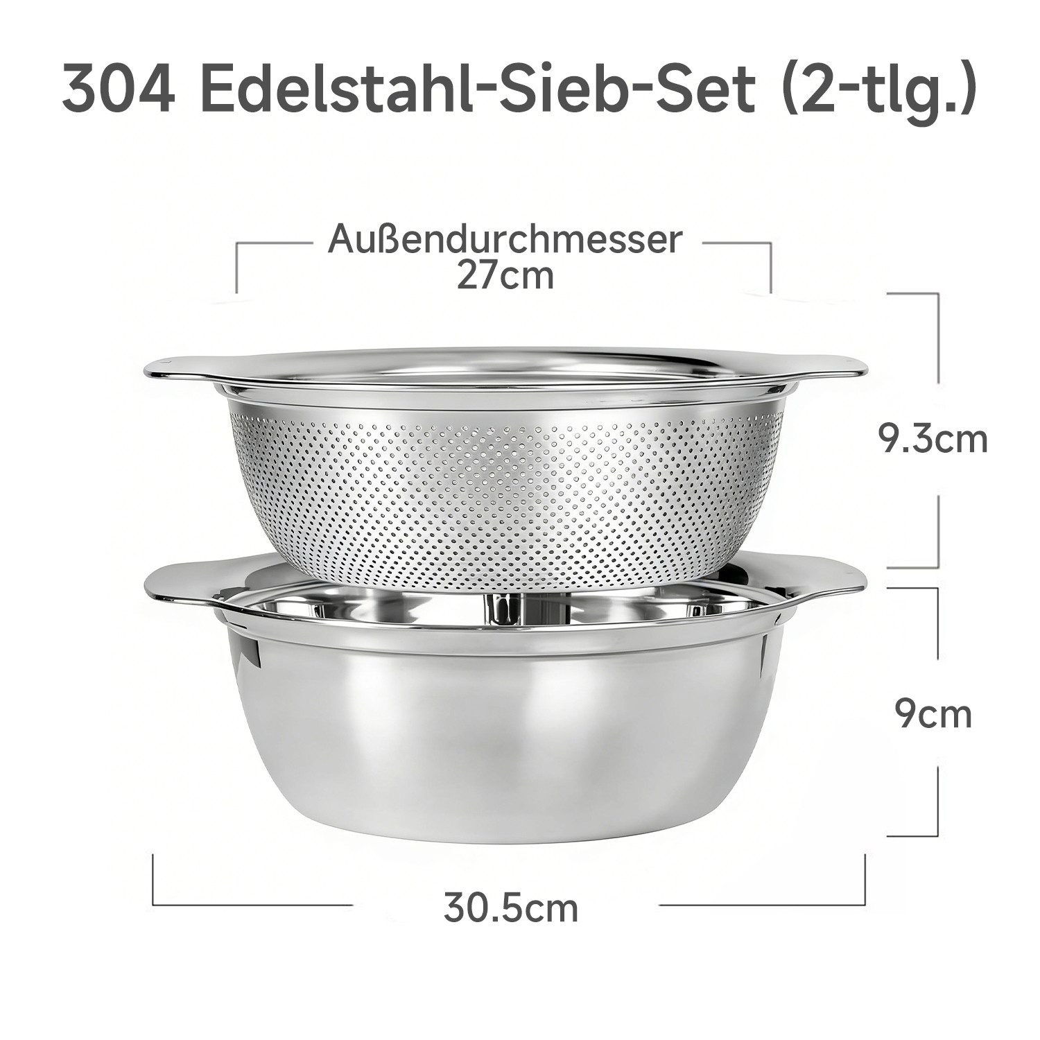 OSTWOLKE Küchensieb 2er Seiher & Schüsselset Nudelsieb Abtropfsieb Salat-Sieb Rührschüssel, Edelstahl 18/10