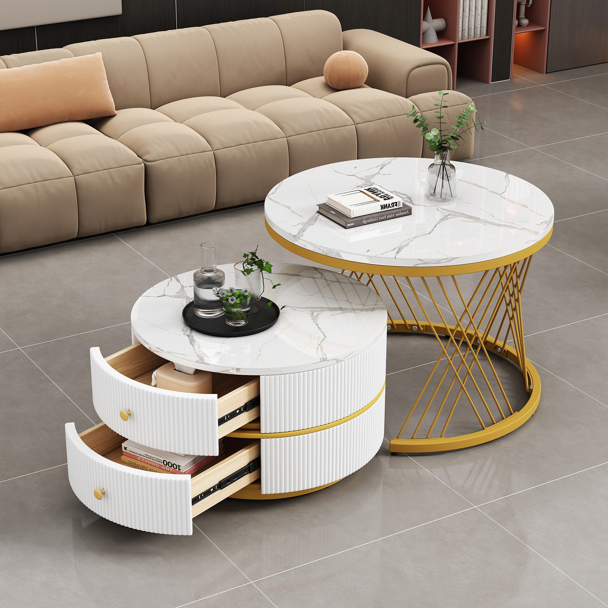 REDOM Couchtisch Runde Nestform, MDF-Material in Marmoroptik (Sofatisch, Wohnzimmertisch, 2-St., bis 30 kg belastbar), mit 2 Schubladen