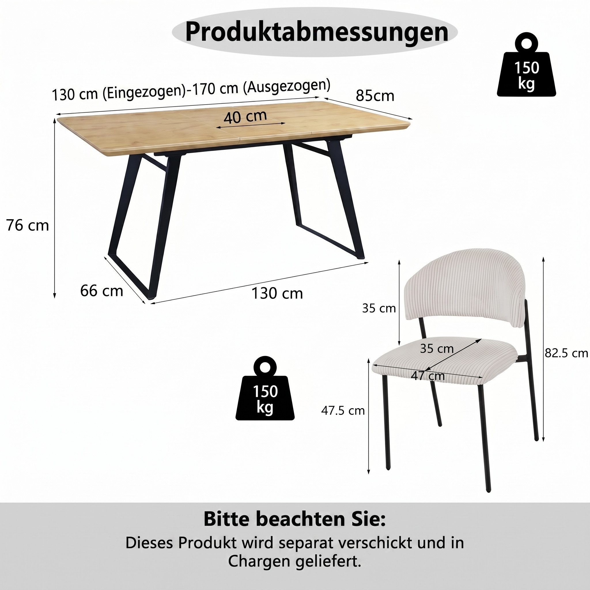Jiexi Essgruppe Essgruppe ausziehbar MDF Eiche-Optik Tisch mit Cord Stühlen – Bild 3 von 5