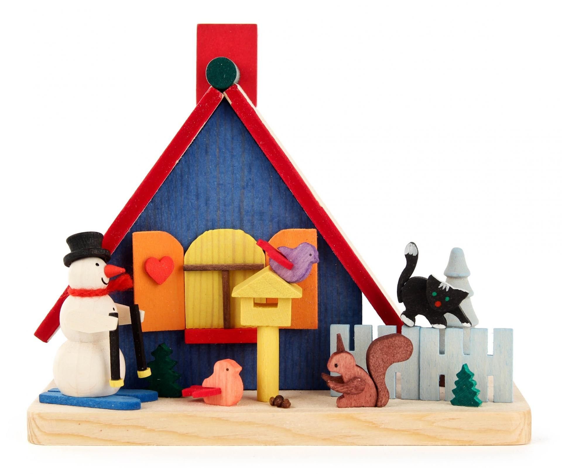 Dregeno Erzgebirge Räucherofen Räucherhaus mit Schneemann BxH = 12x11cm NEU