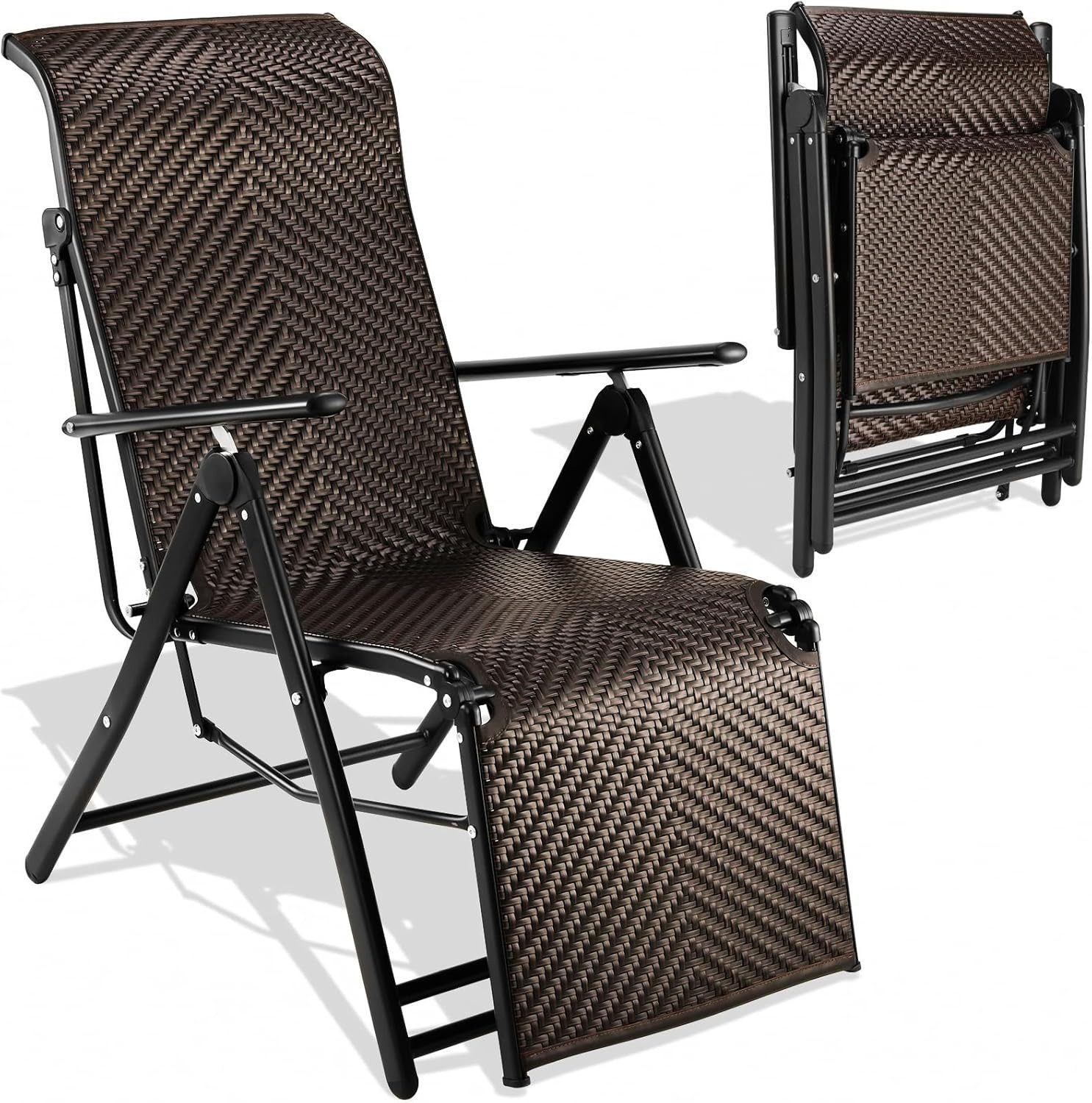 TLGREEN Rattanstuhl Rattan Klappliegestuhl 3-fach faltbar mit Fußstütze (7-fach verstellbare Rückenlehne Wetterfester), Gartenliege aus PE-Rattan&Aluminiumrahmen, Sonnenliege für Balkon